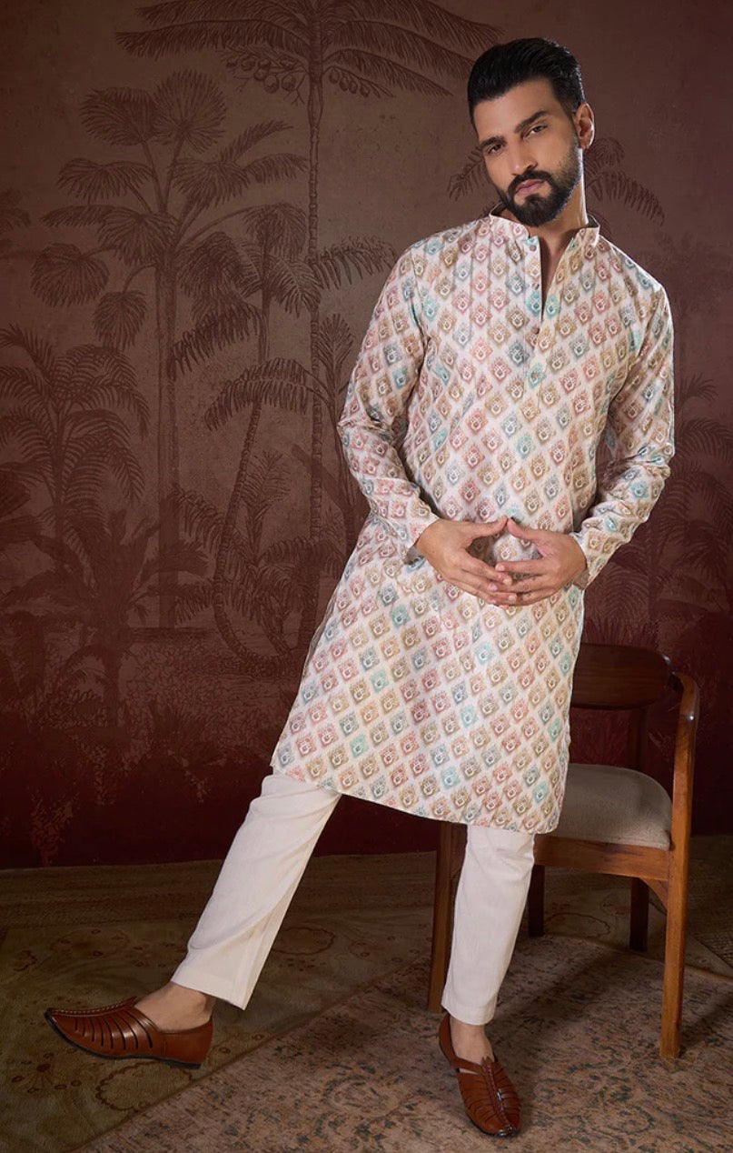 Off White Silk Blend Ethnic Motifs Printed Straight Kurta