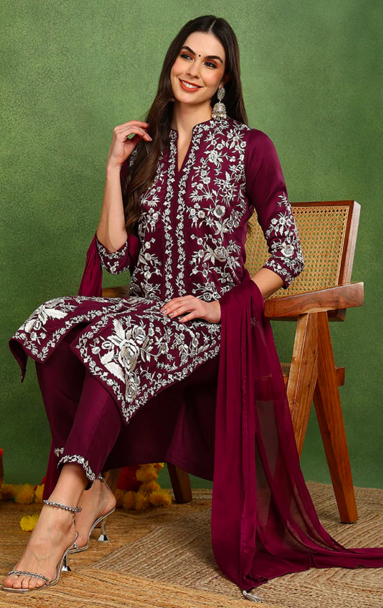 Purple Silk Blend Kurta Set