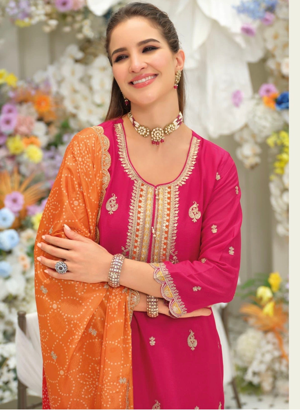 Pre-Order: Designer Chinon Kurta Set with Digital Print Palazzo & Embroidered Dupatta