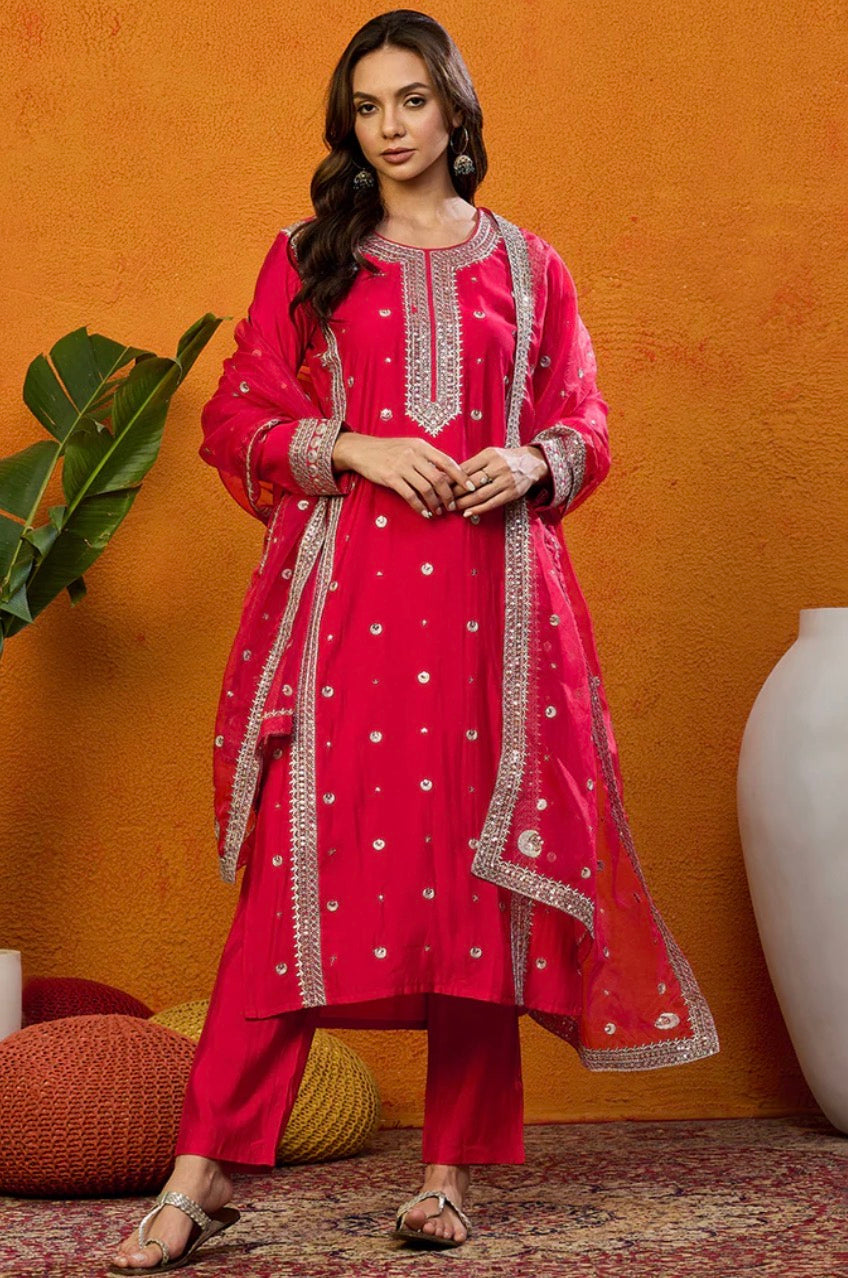 Pink Silk Blend Embroidered Kurta Set with Trousers & Dupatta