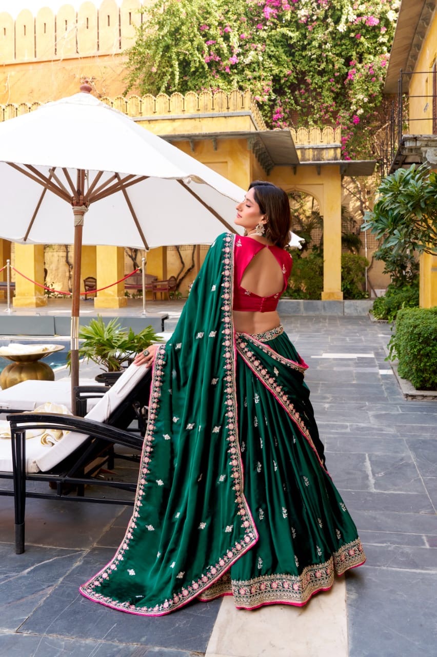 Regal Silk Satin Lehenga : Green and Pink