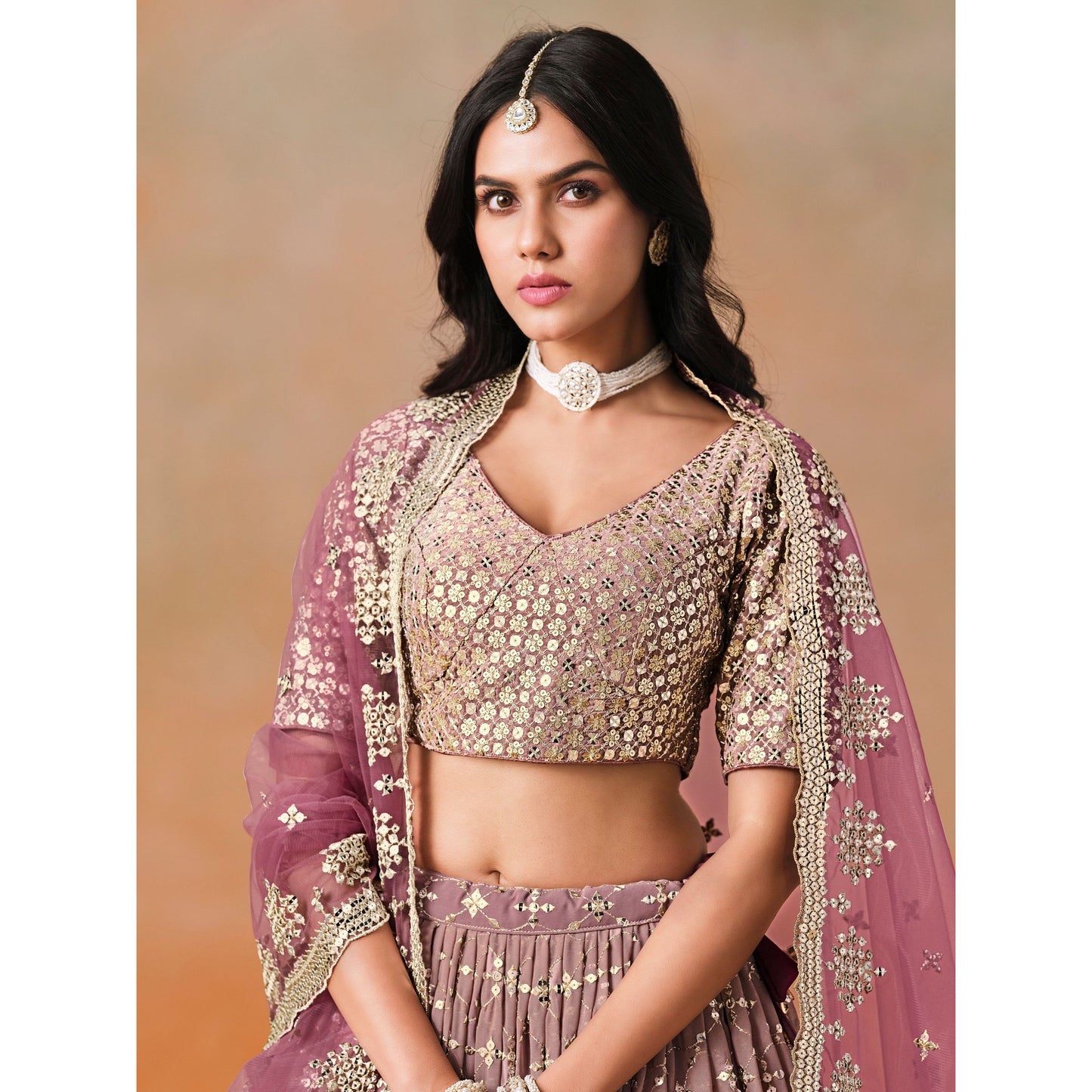 Georgette Lehenga Choli Set with Sequins & Zari Embroidery (Maroon) Pre Order