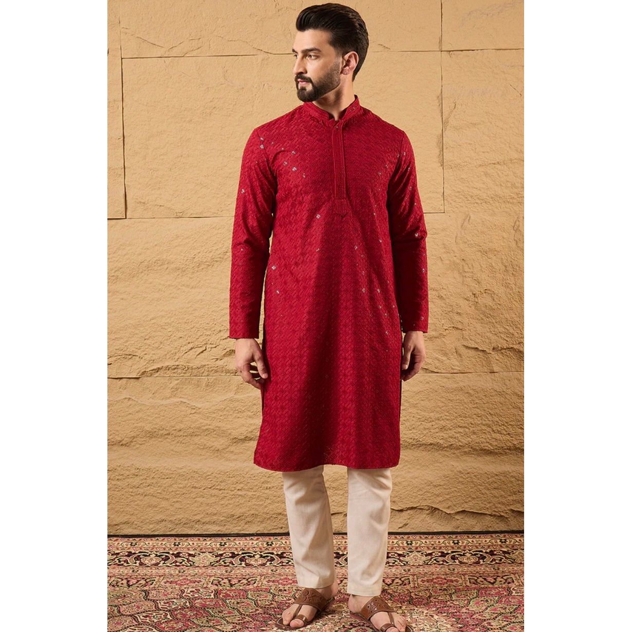 Red Chikankari Straight Kurta