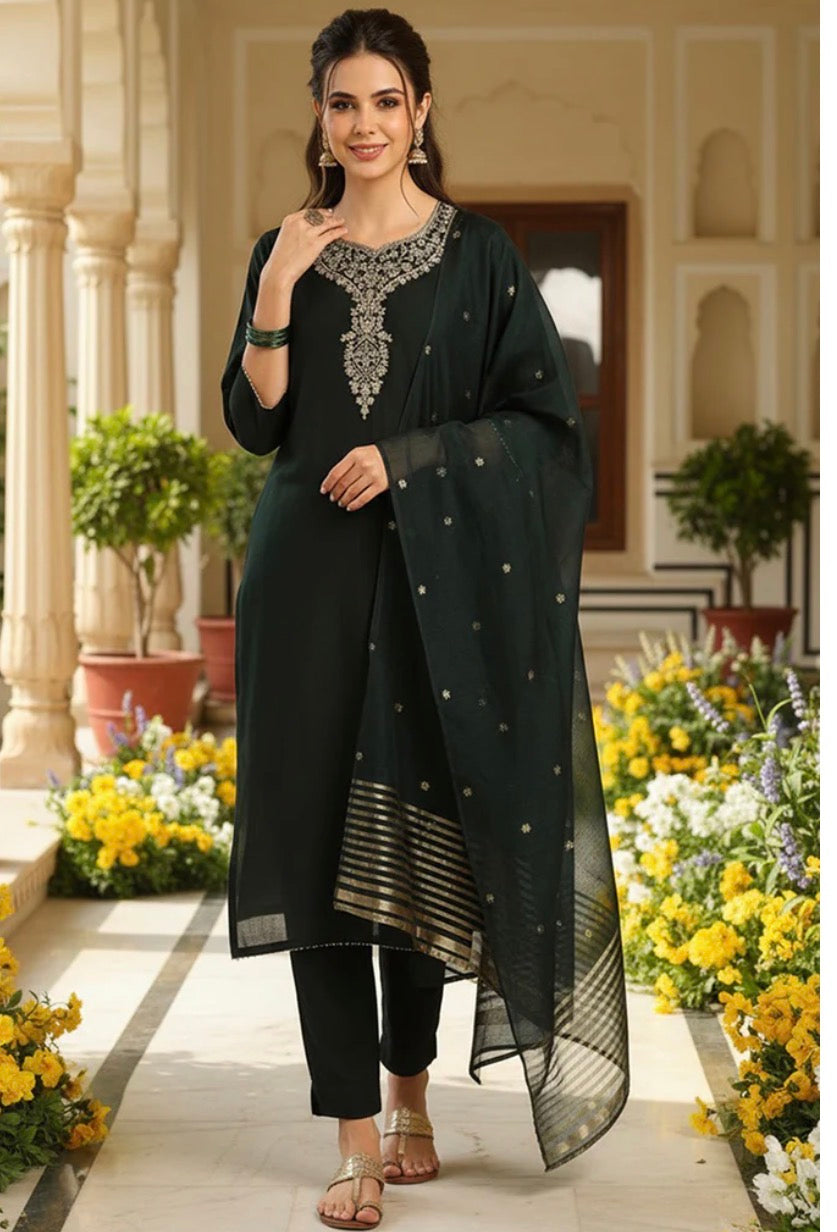 Green Chanderi Silk Solid Embroidered Straight Trousers Suit Set