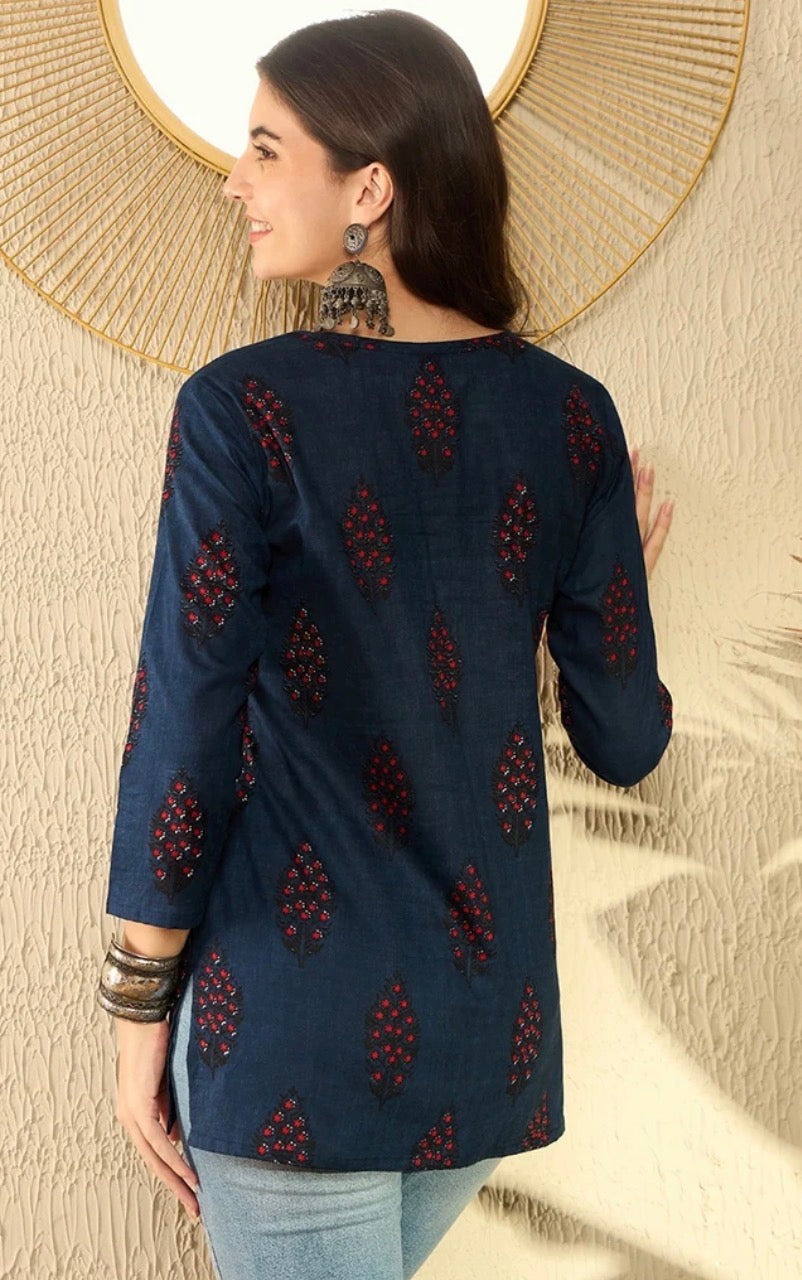 Navy Blue Cotton Blend Ethnic Motifs Printed Tunic Top
