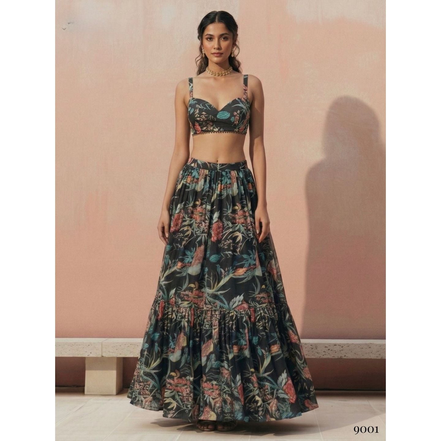 Georgette Printed Readymade Lehenga Set Black (3 Piece)
