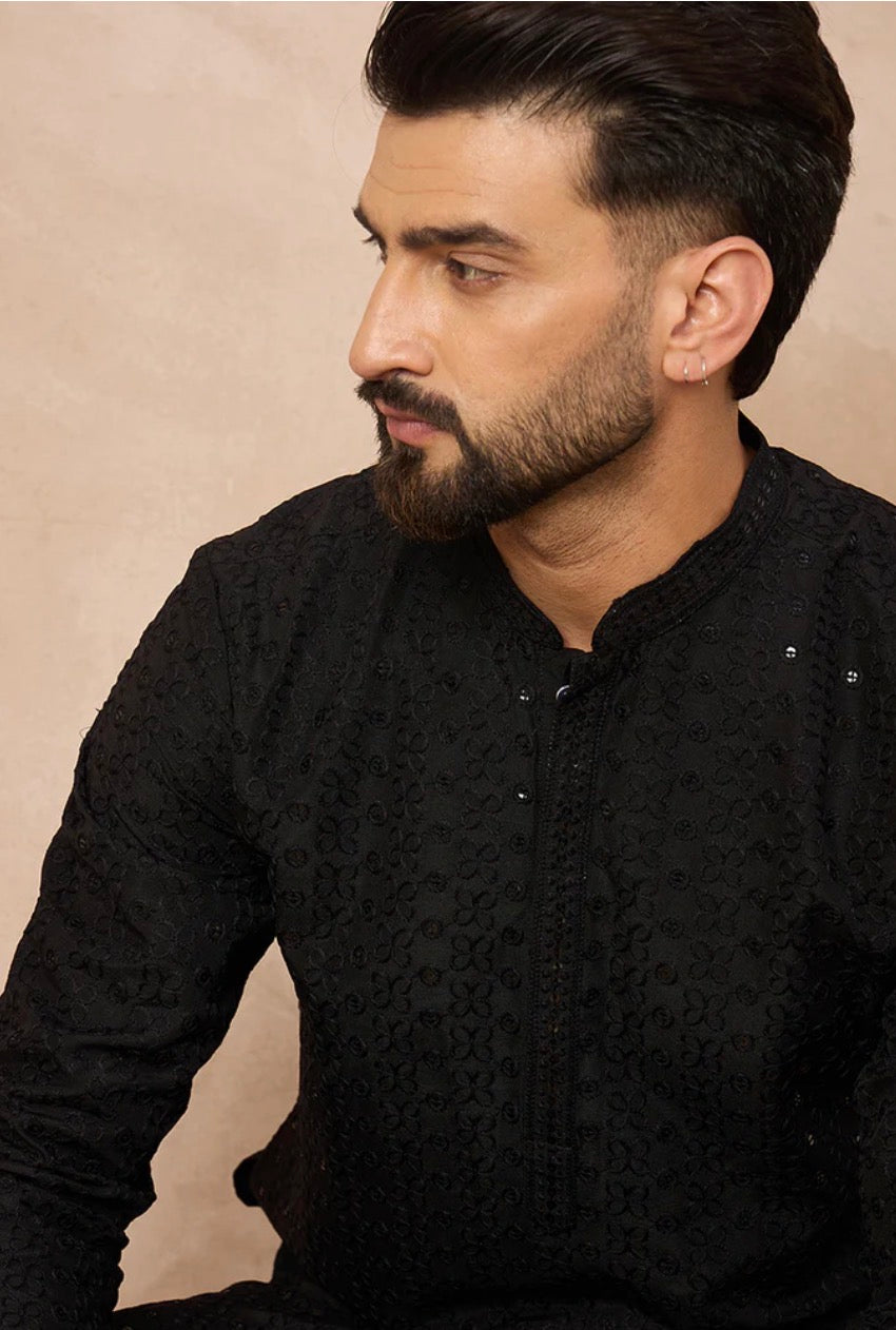 Black Viscose Rayon Solid Embroidered Straight Kurta