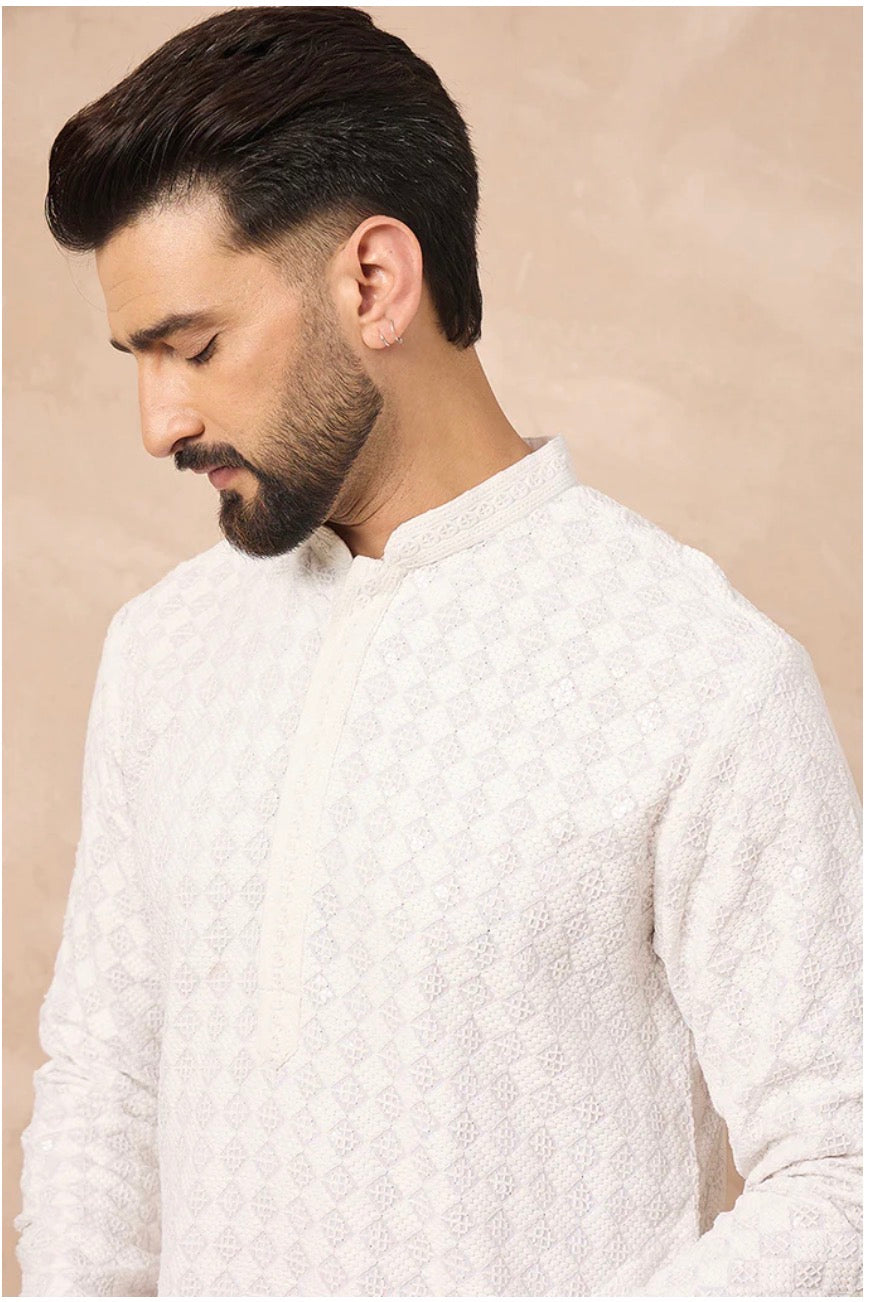 White Chikankari Kurta for Men