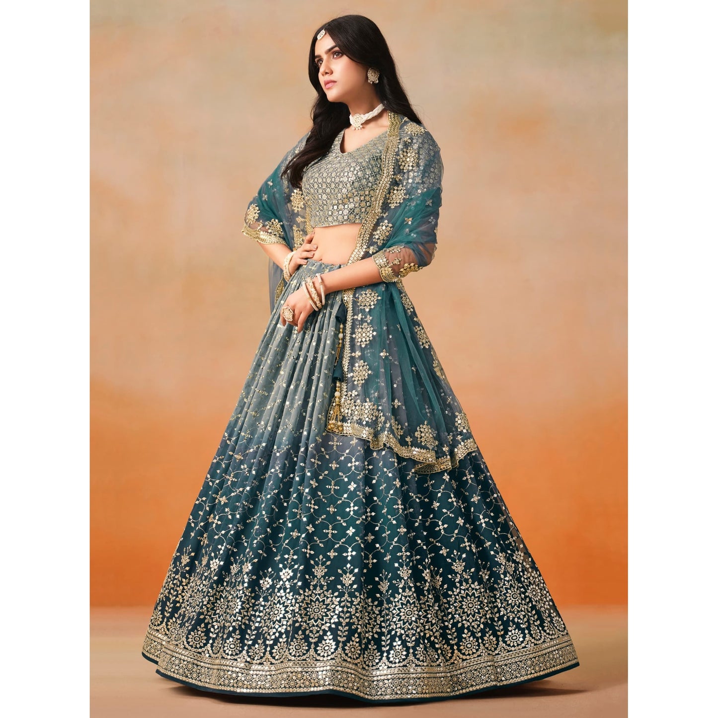 Georgette Lehenga Choli Set with Sequins & Zari Embroidery (dove blue)  : Pre Order Only