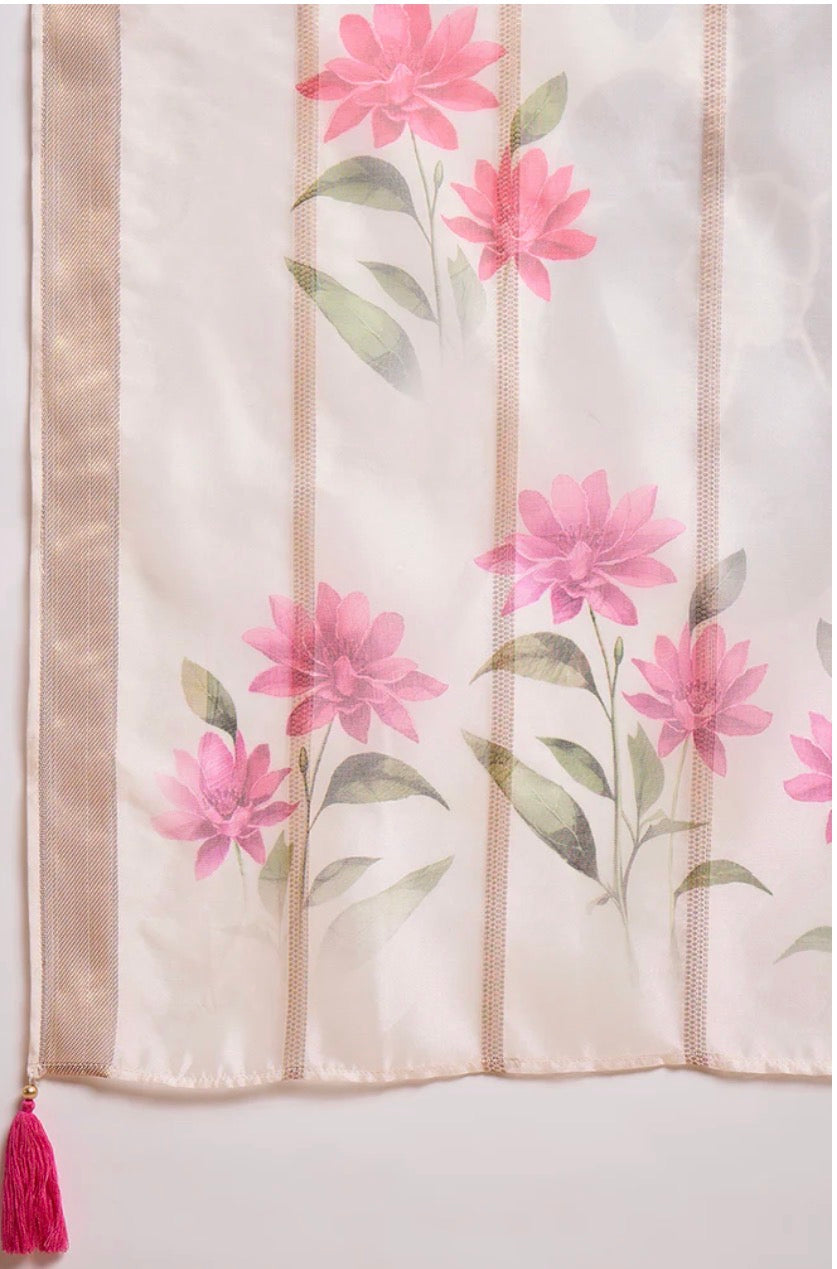 Off White Embroidered Silk Blend Kurta Set with Trousers & Dupatta