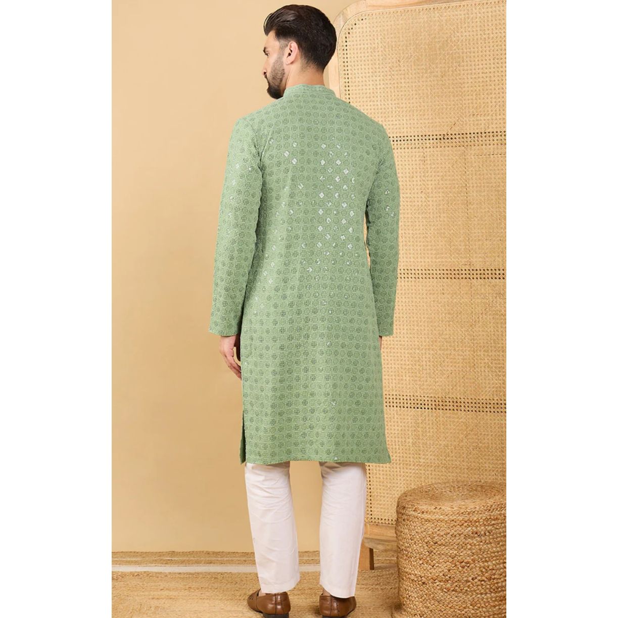 Green Viscose Rayon Solid Embroidered Straight Chikankari Kurta