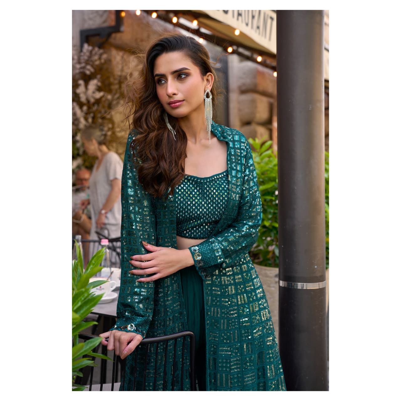 Heavy Georgette Embroidered Shrug Set with Sequin Work: Pre Order