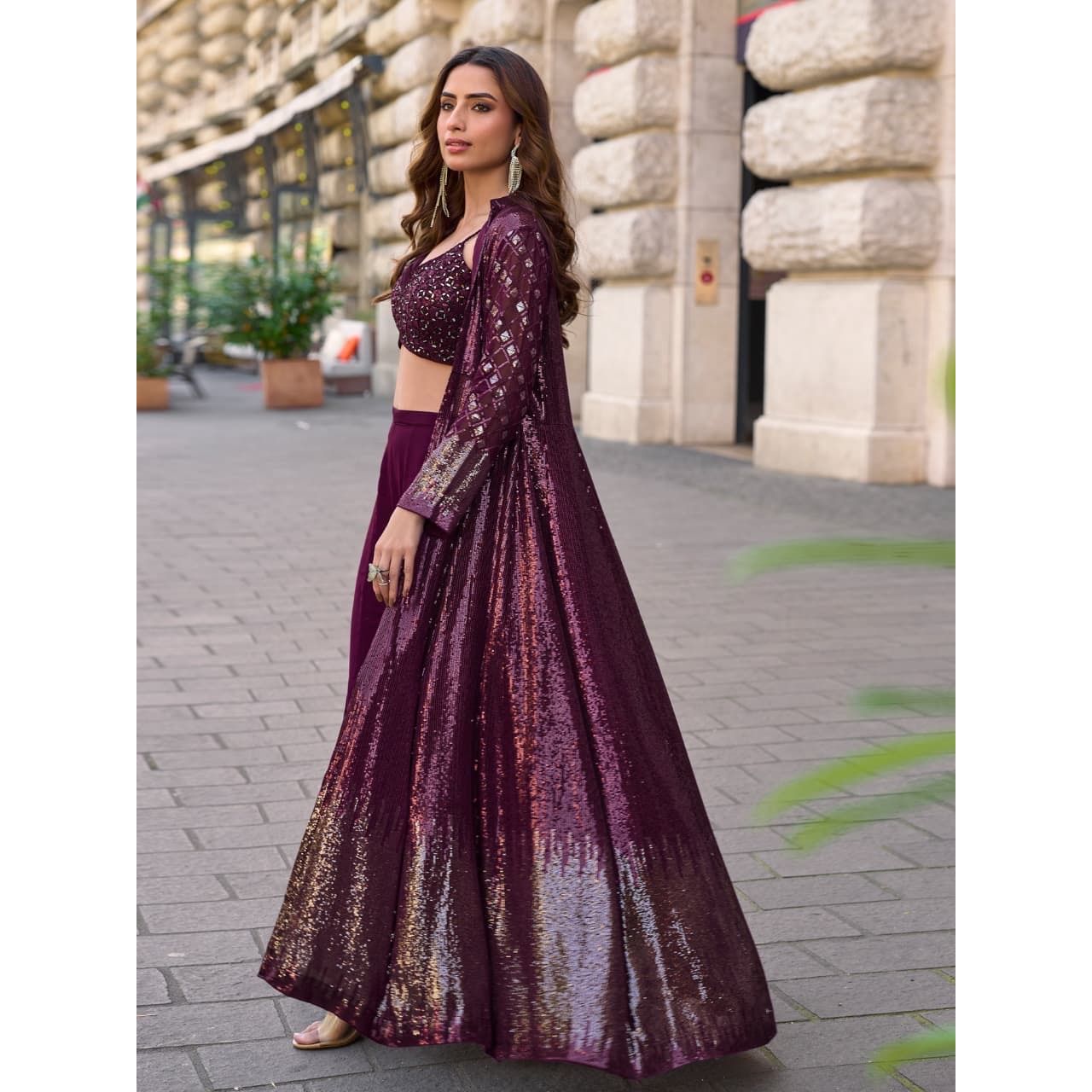 Heavy Georgette Embroidered Shrug Set with Sequin Work: Pre Order