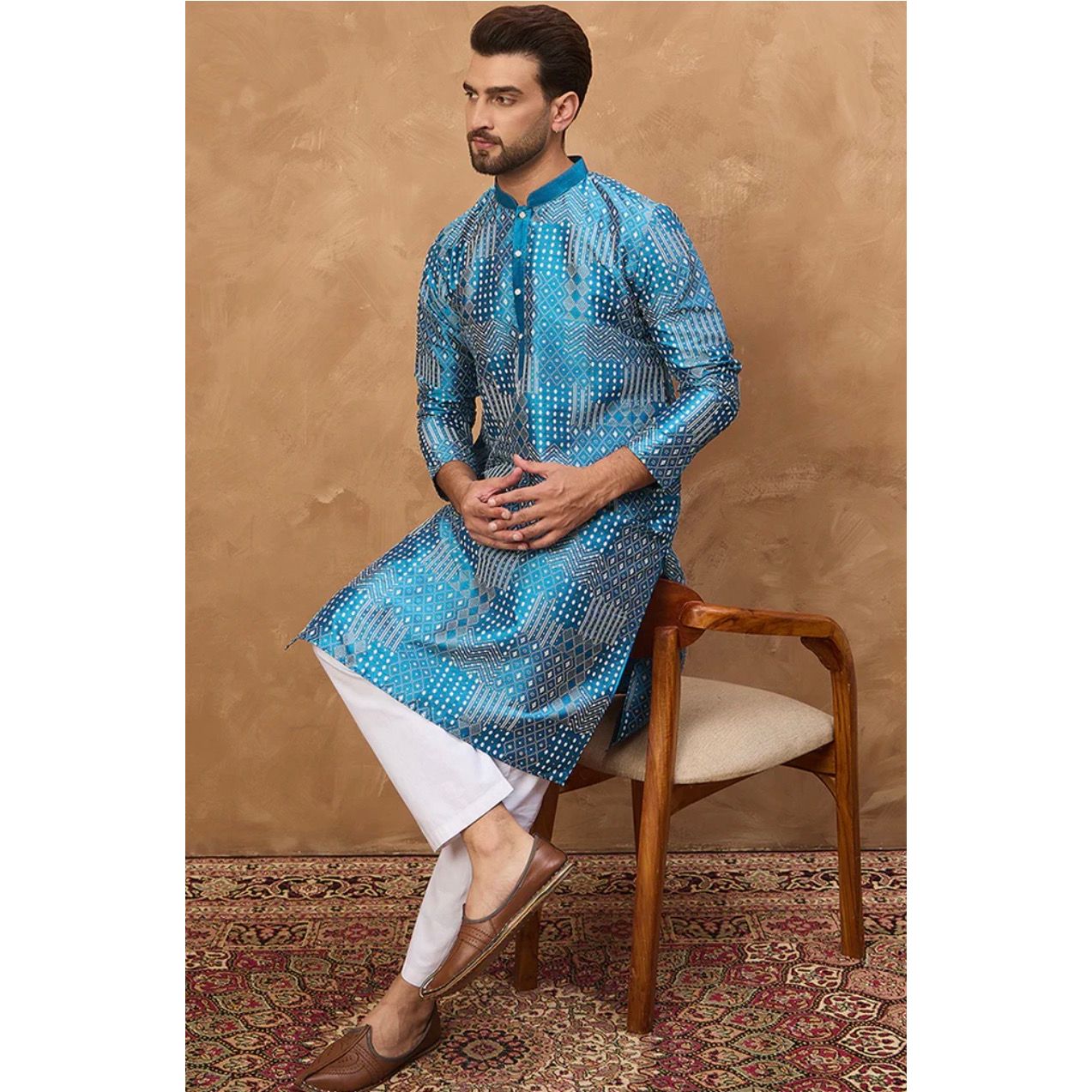 Blue Silk Blend Geometric Printed Straight Kurta – Men’s Ethnic Wear