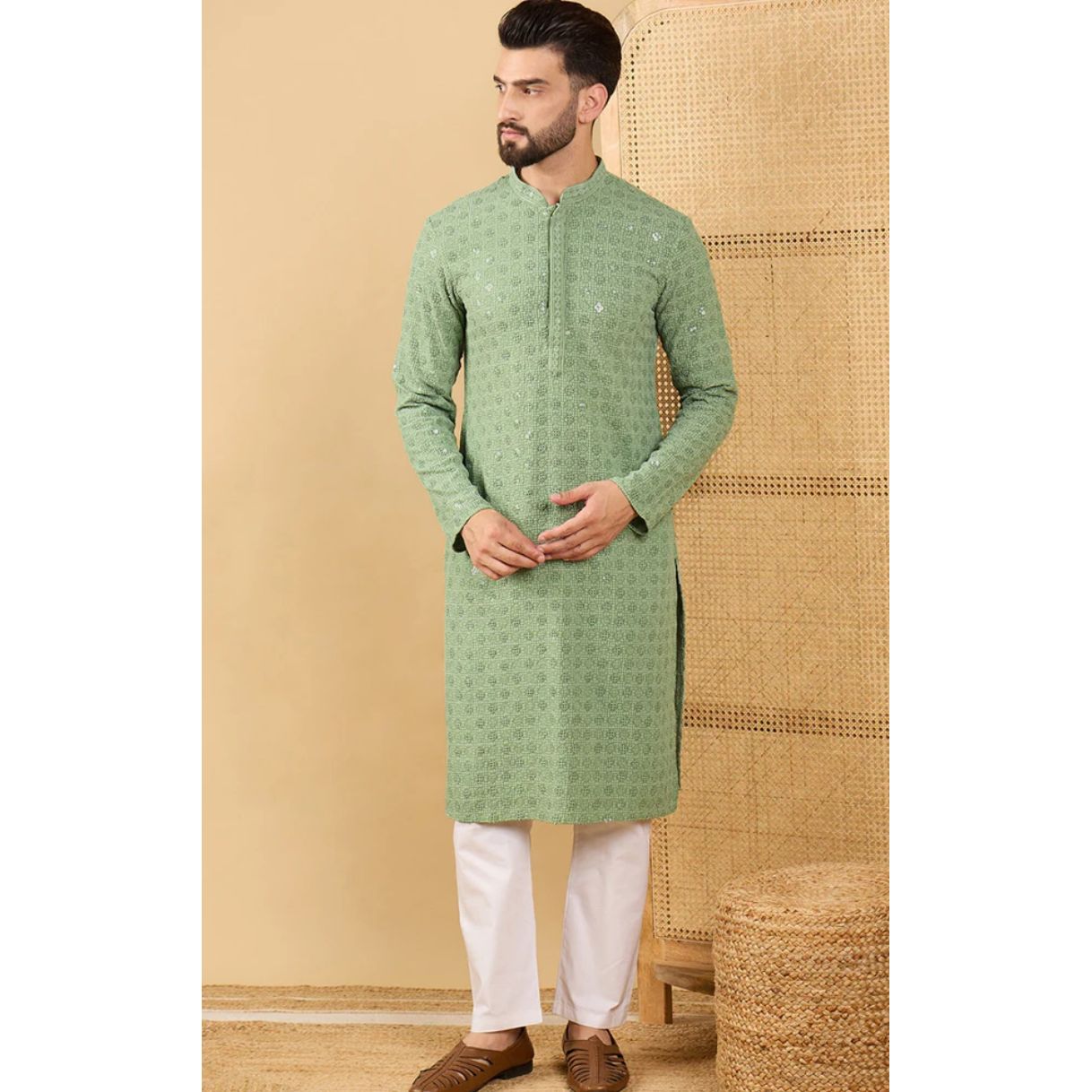 Green Viscose Rayon Solid Embroidered Straight Chikankari Kurta
