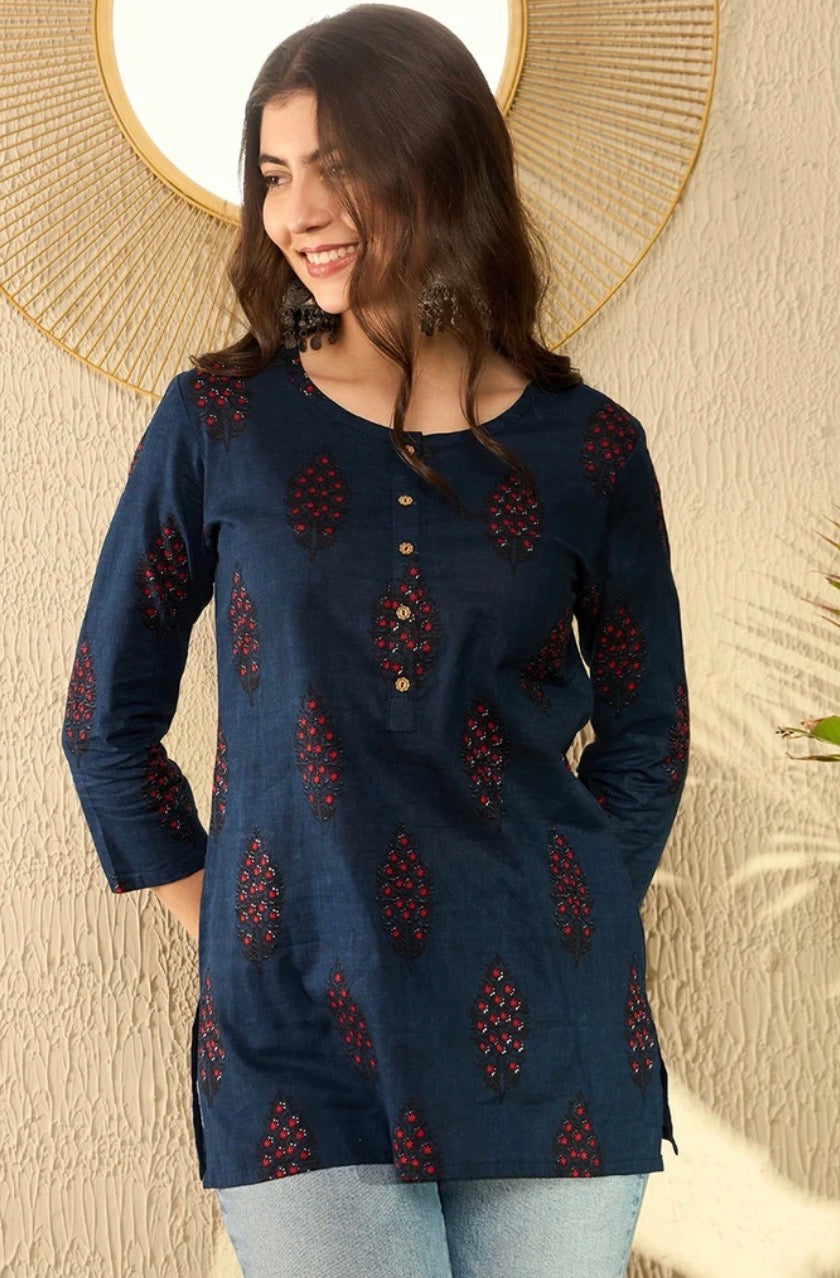 Navy Blue Cotton Blend Ethnic Motifs Printed Tunic Top