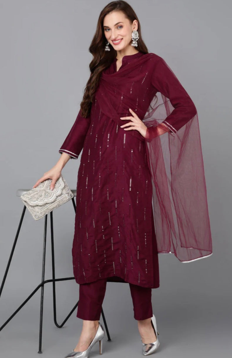 Burgundy Silk Blend Embroidered Kurta Pant With Dupatta