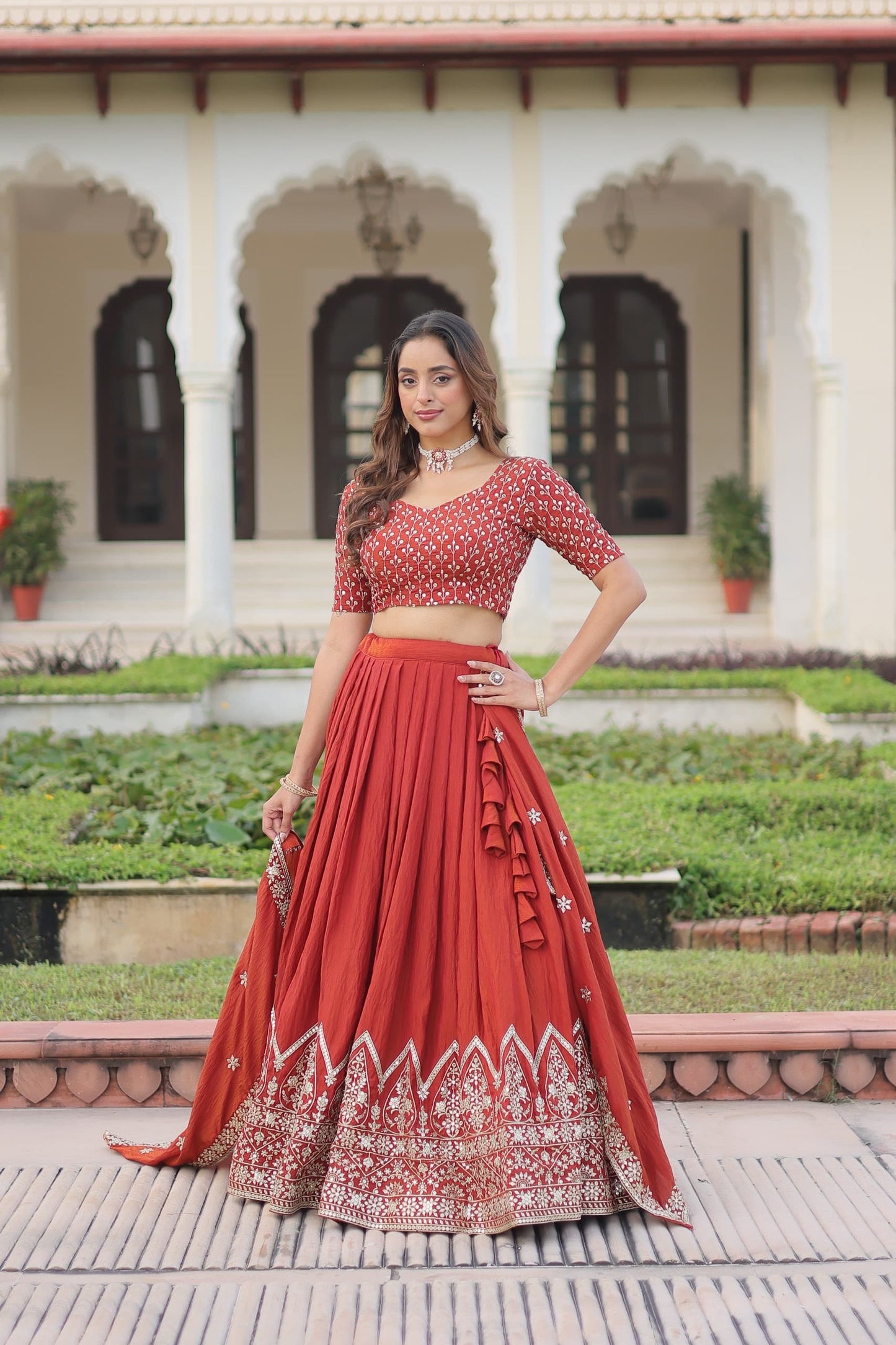 Silk Lehenga Choli Set (Pre-Order Only): Rust Orange