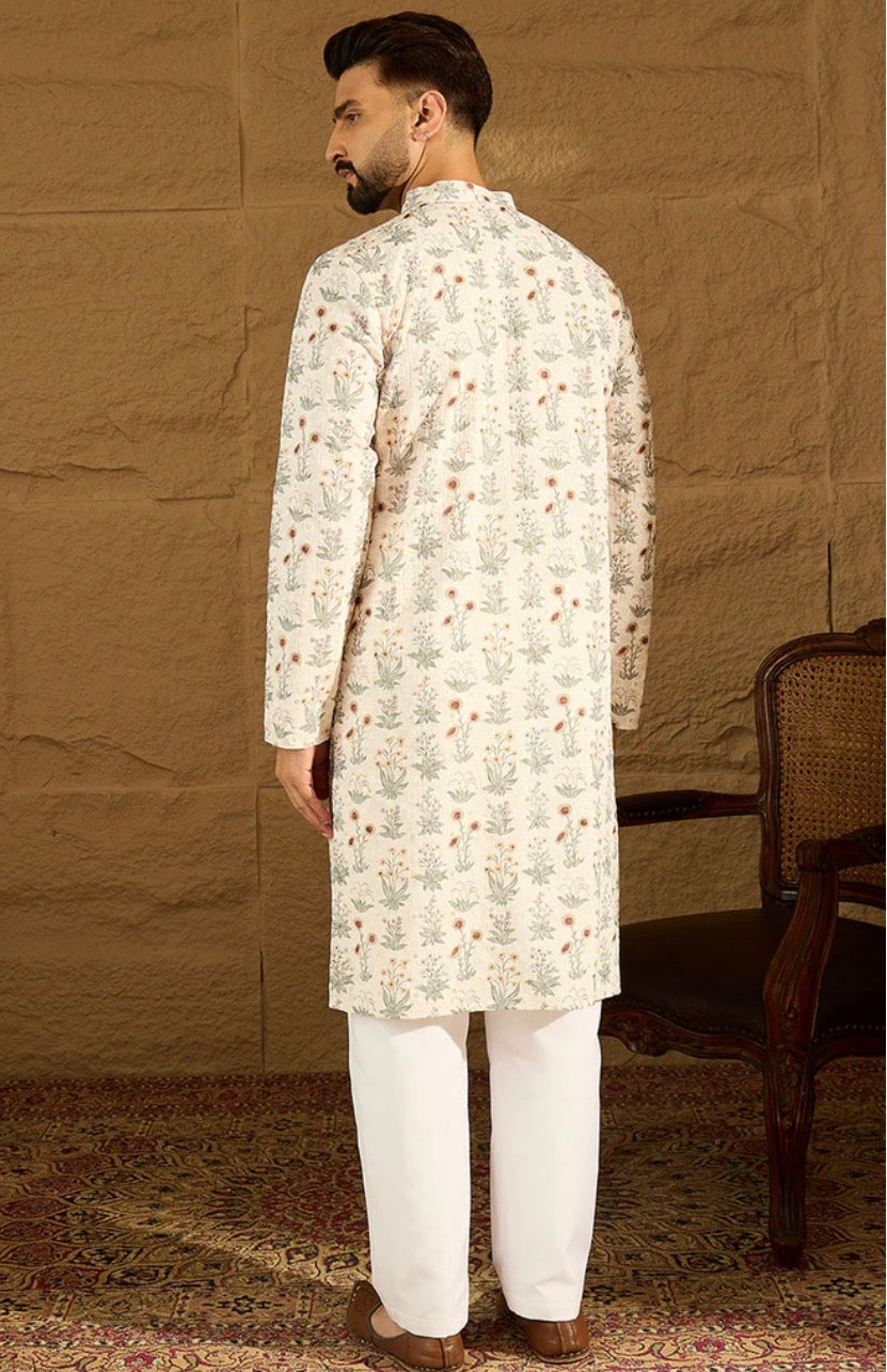 Off White Viscose Rayon Floral Printed Straight Kurta