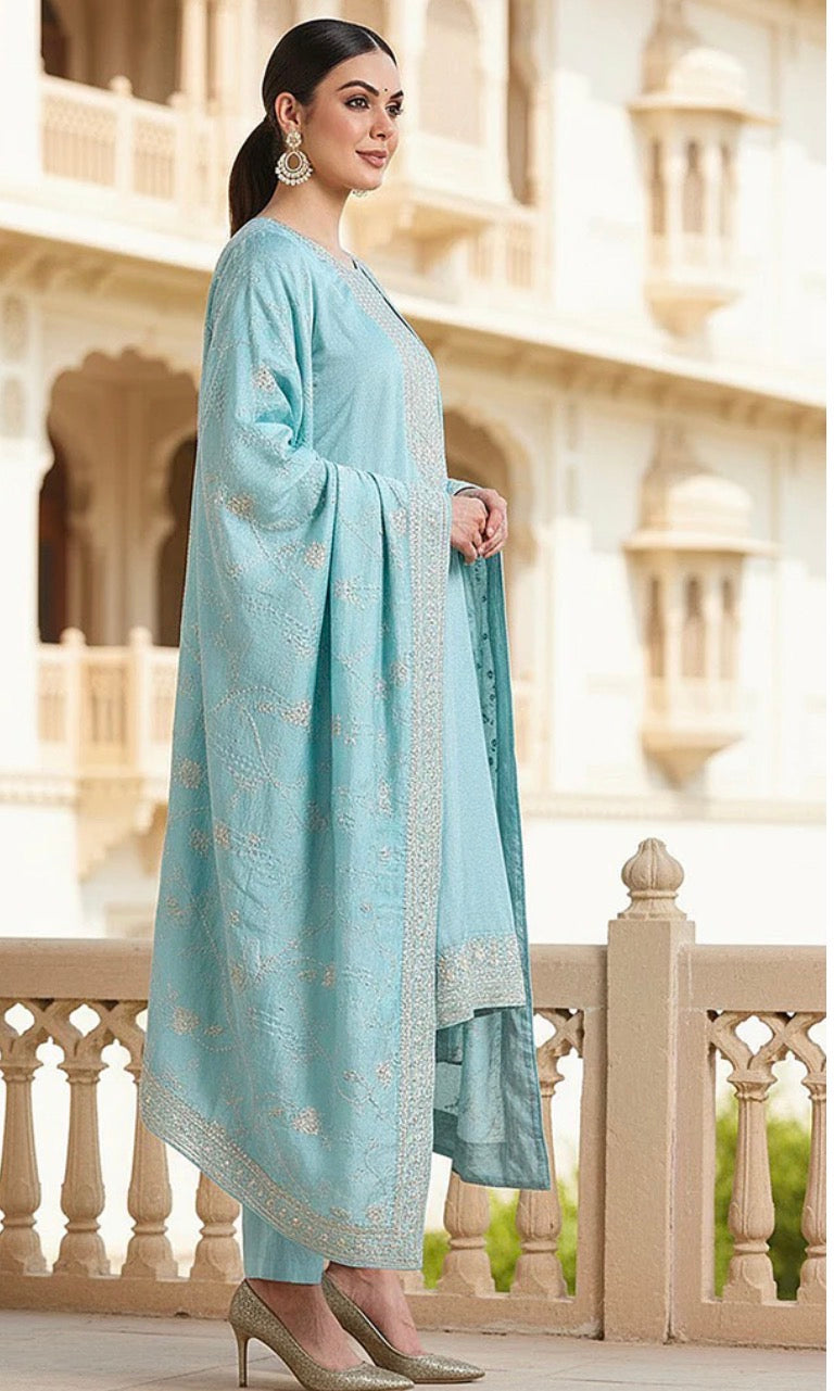 Blue Silk Blend Kurta Set With Dupatta