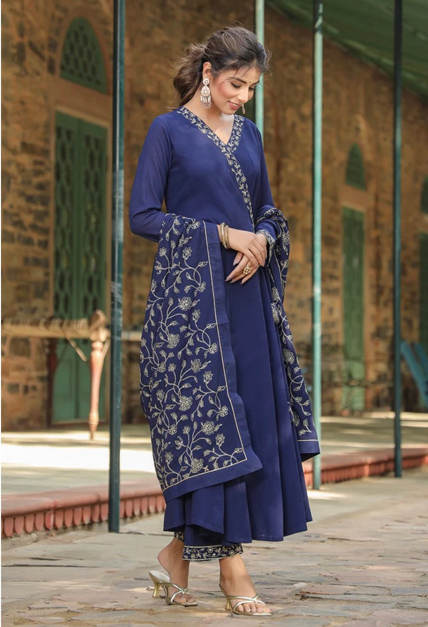 Navy Blue Georgette Angrakha Pant With Dupatta