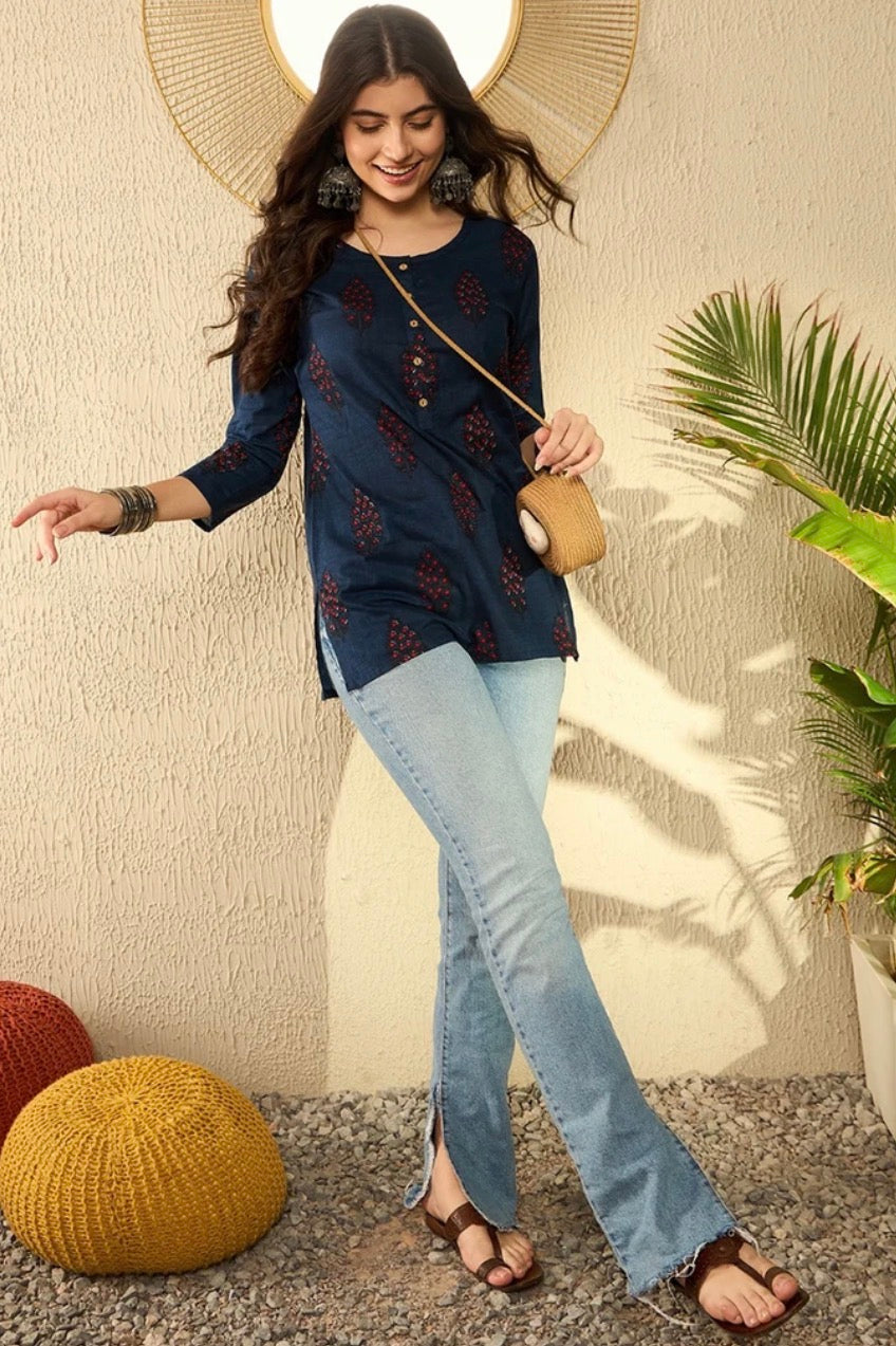 Navy Blue Cotton Blend Ethnic Motifs Printed Tunic Top