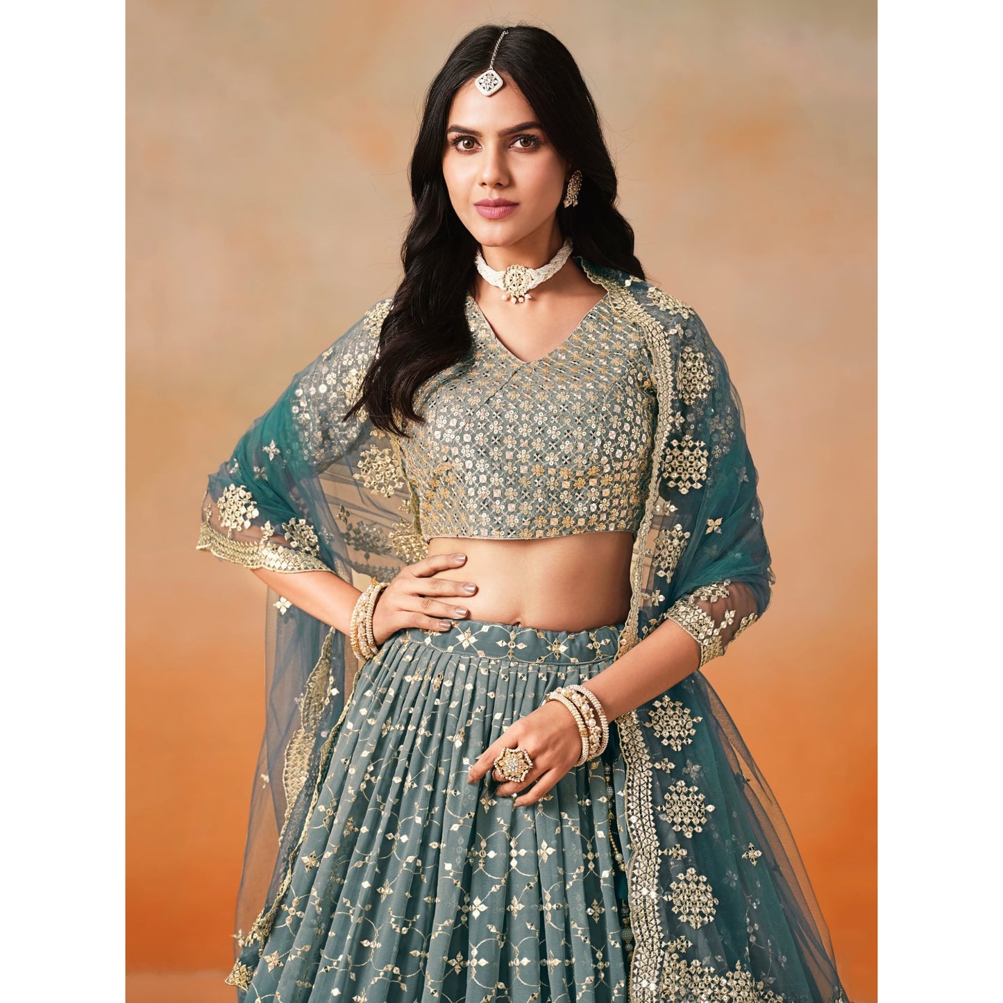 Georgette Lehenga Choli Set with Sequins & Zari Embroidery (dove blue)  : Pre Order Only