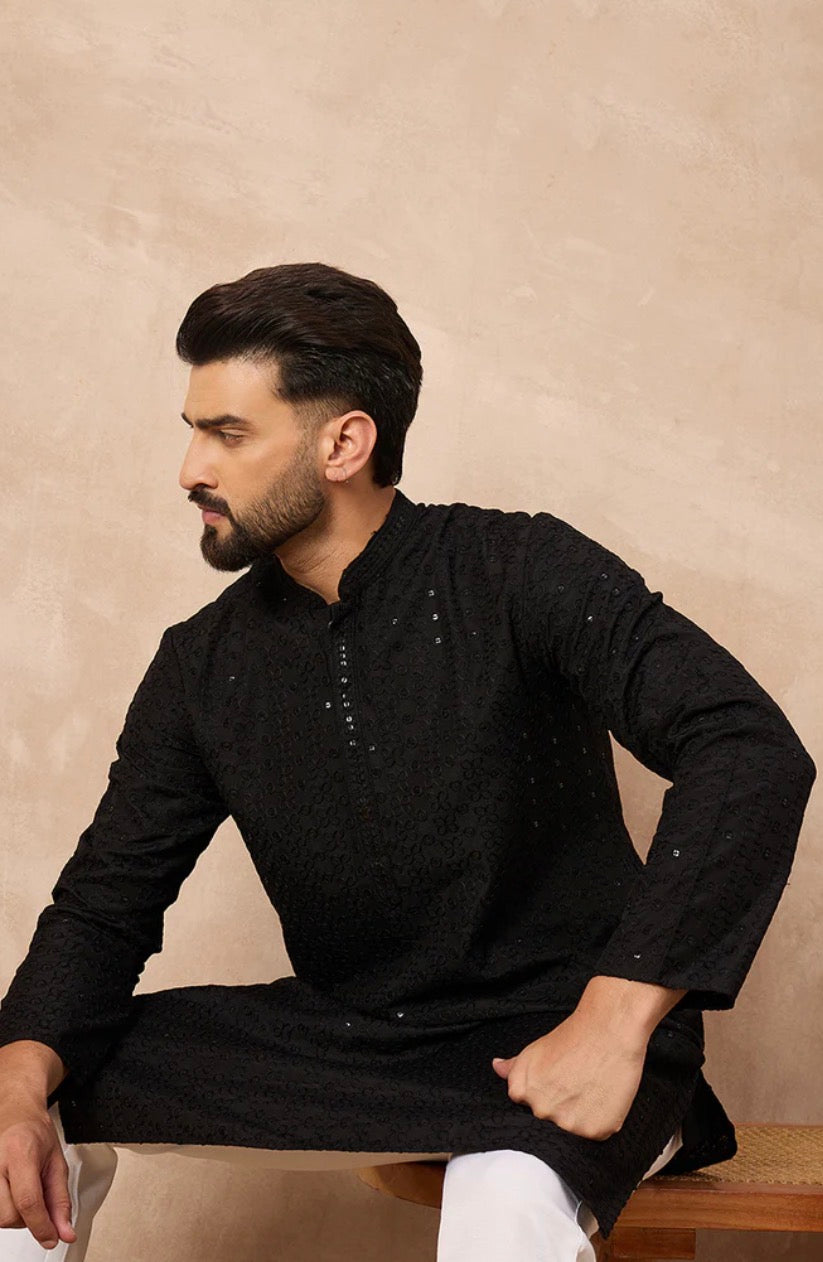 Black Viscose Rayon Solid Embroidered Straight Kurta