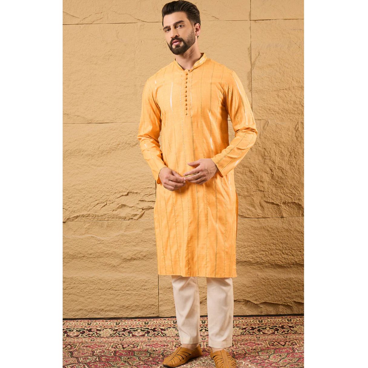 Yellow Cotton Embroidered Straight Kurta