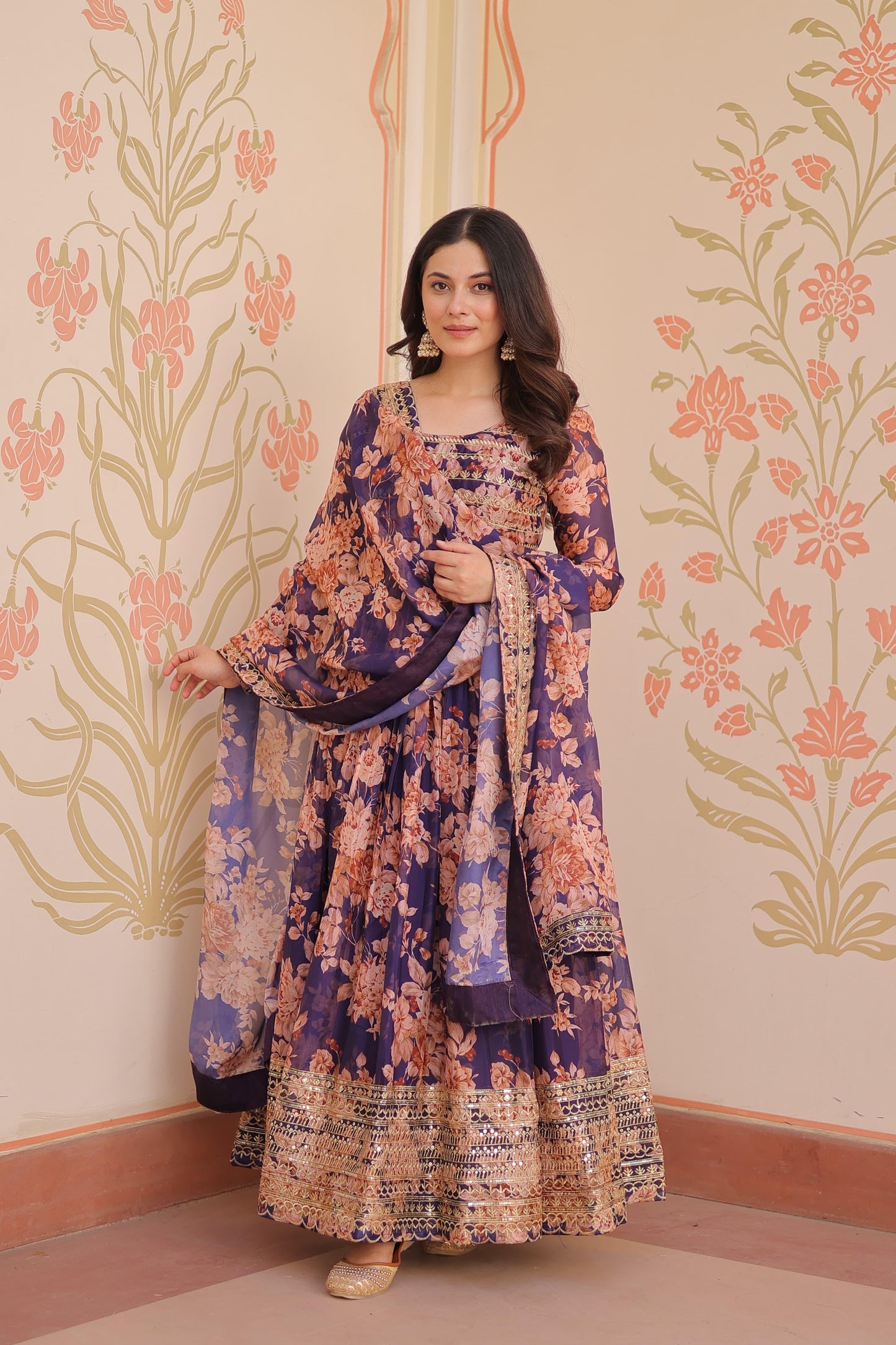 Premium Russian Silk Gown with Embroidered Sequins & Dupatta – Designer Festive Collection