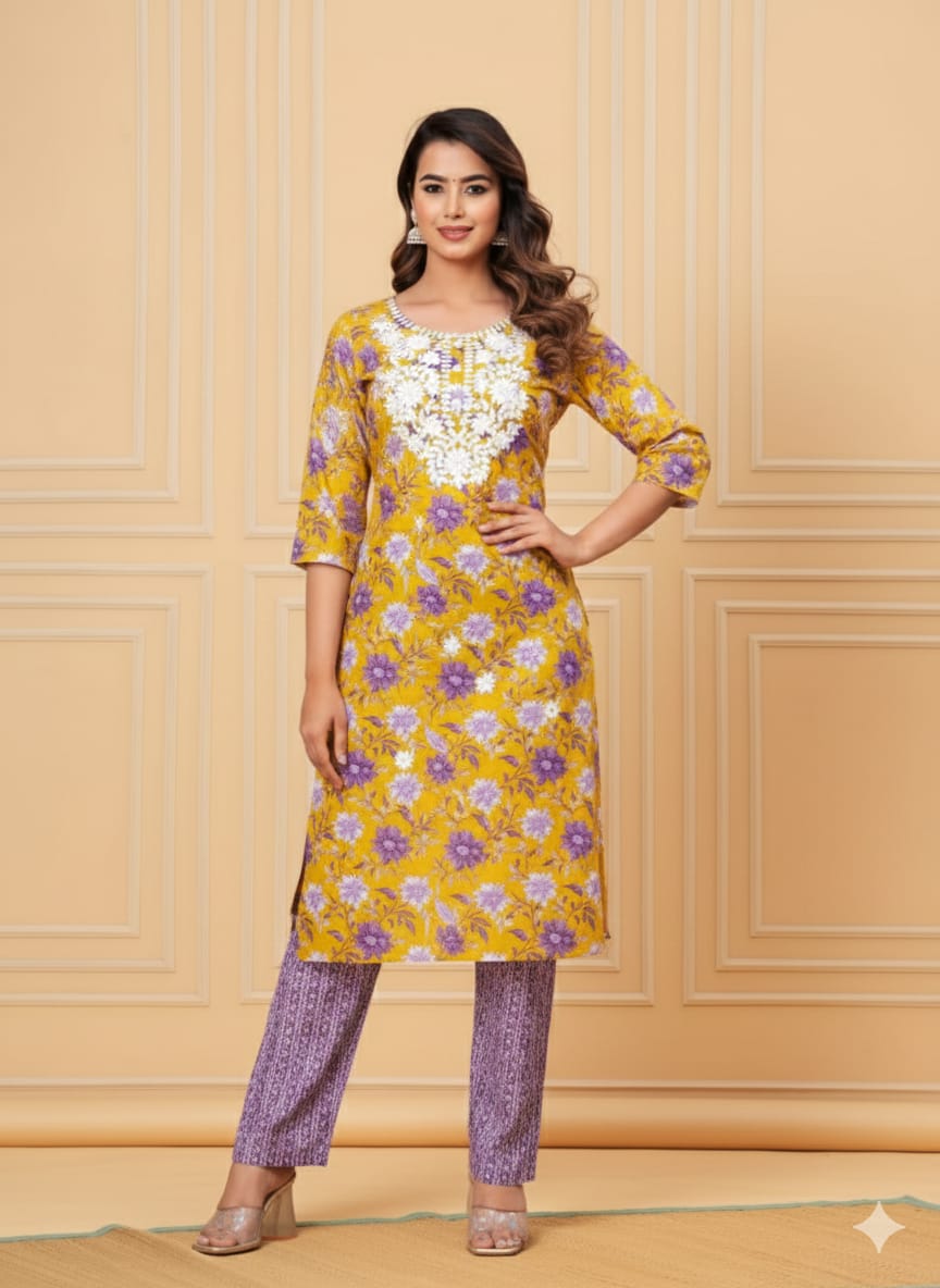 Yellow & Purple Cotton 3-Piece Kurta Set – Chikankari Work