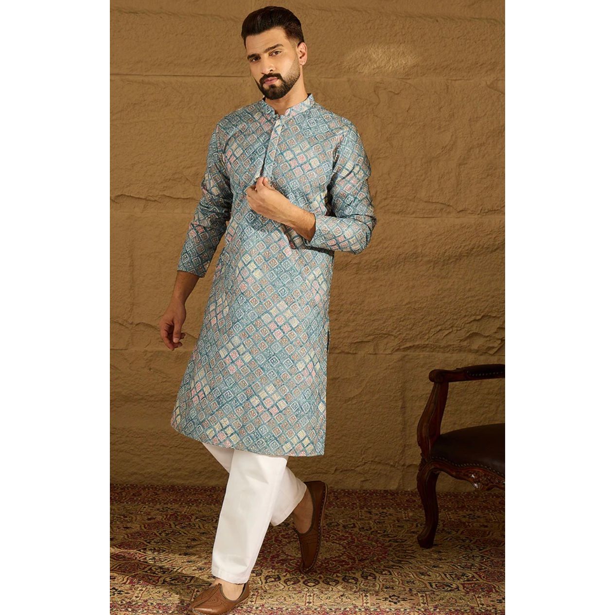 Blue Viscose Rayon Abstract Embroidered Straight Kurta