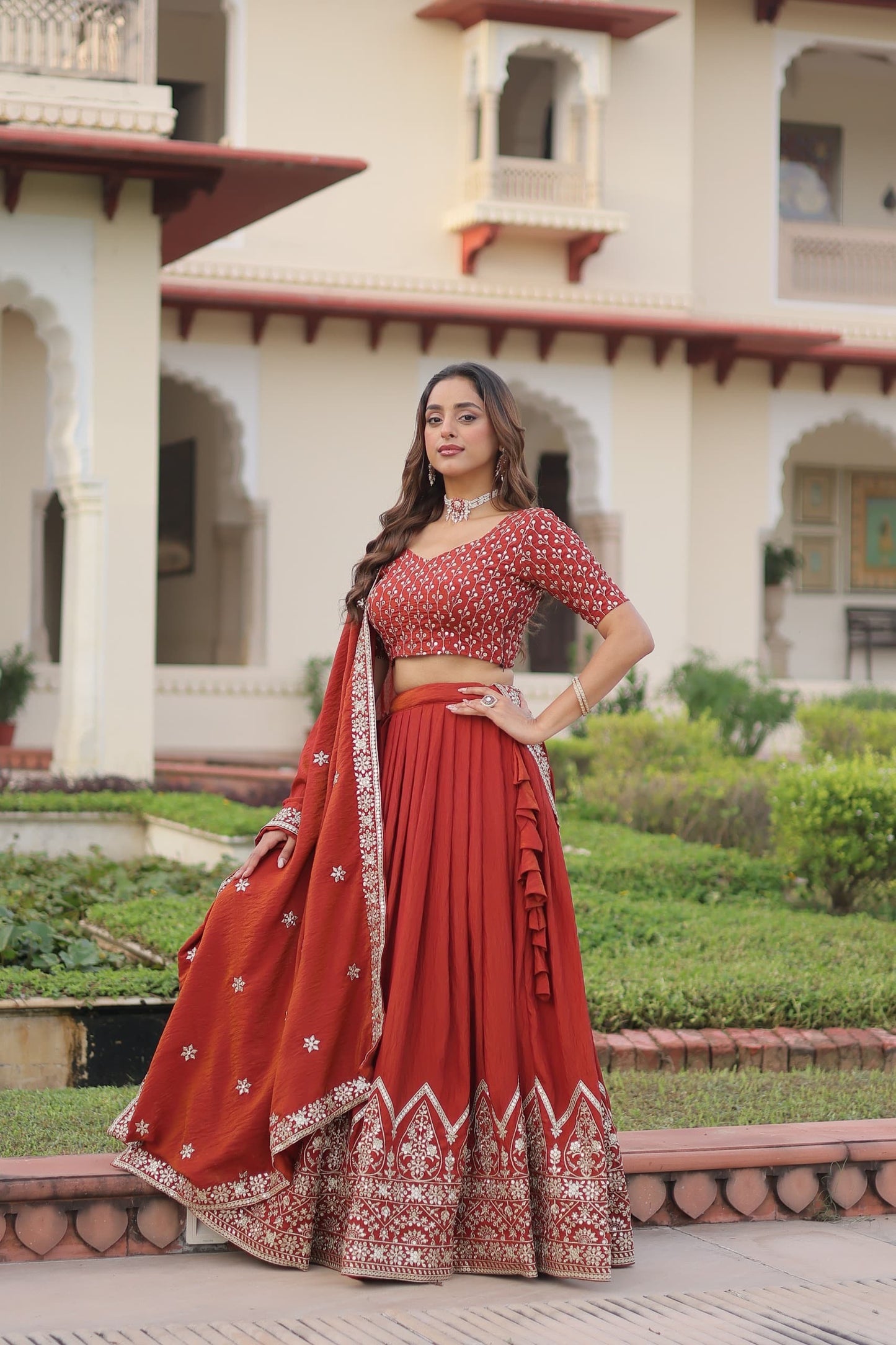 Silk Lehenga Choli Set (Pre-Order Only): Rust Orange