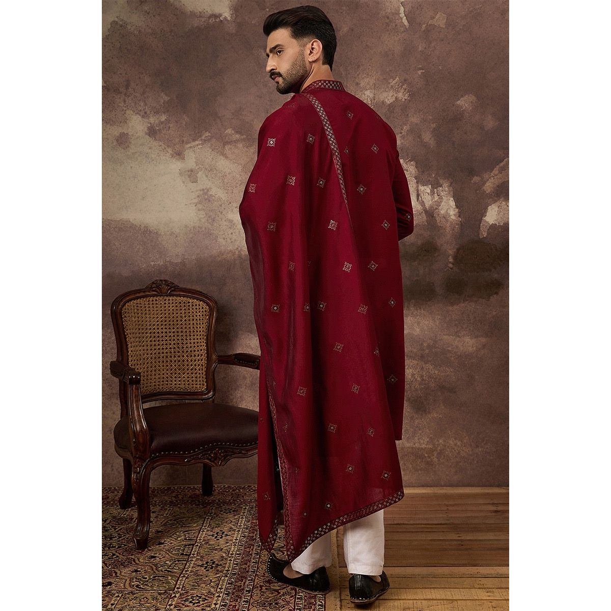 Maroon Silk Blend Embroidered Straight Kurta Trouser with Dupatta