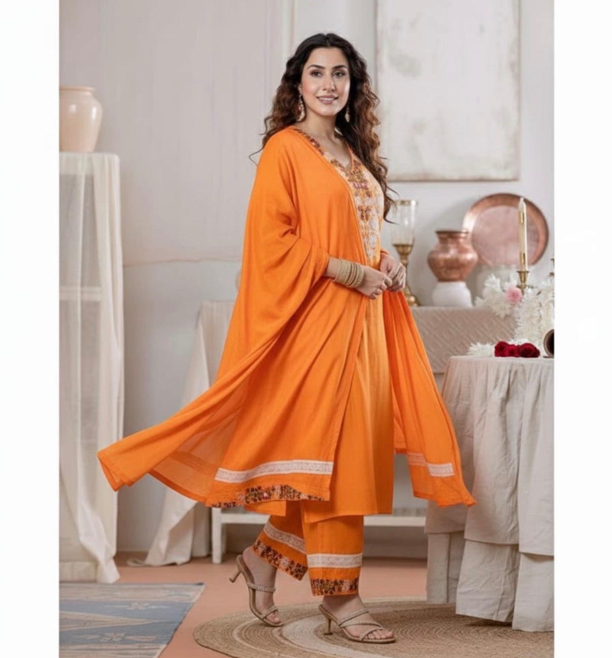 Orange Embroidered A-Line Kurta Set