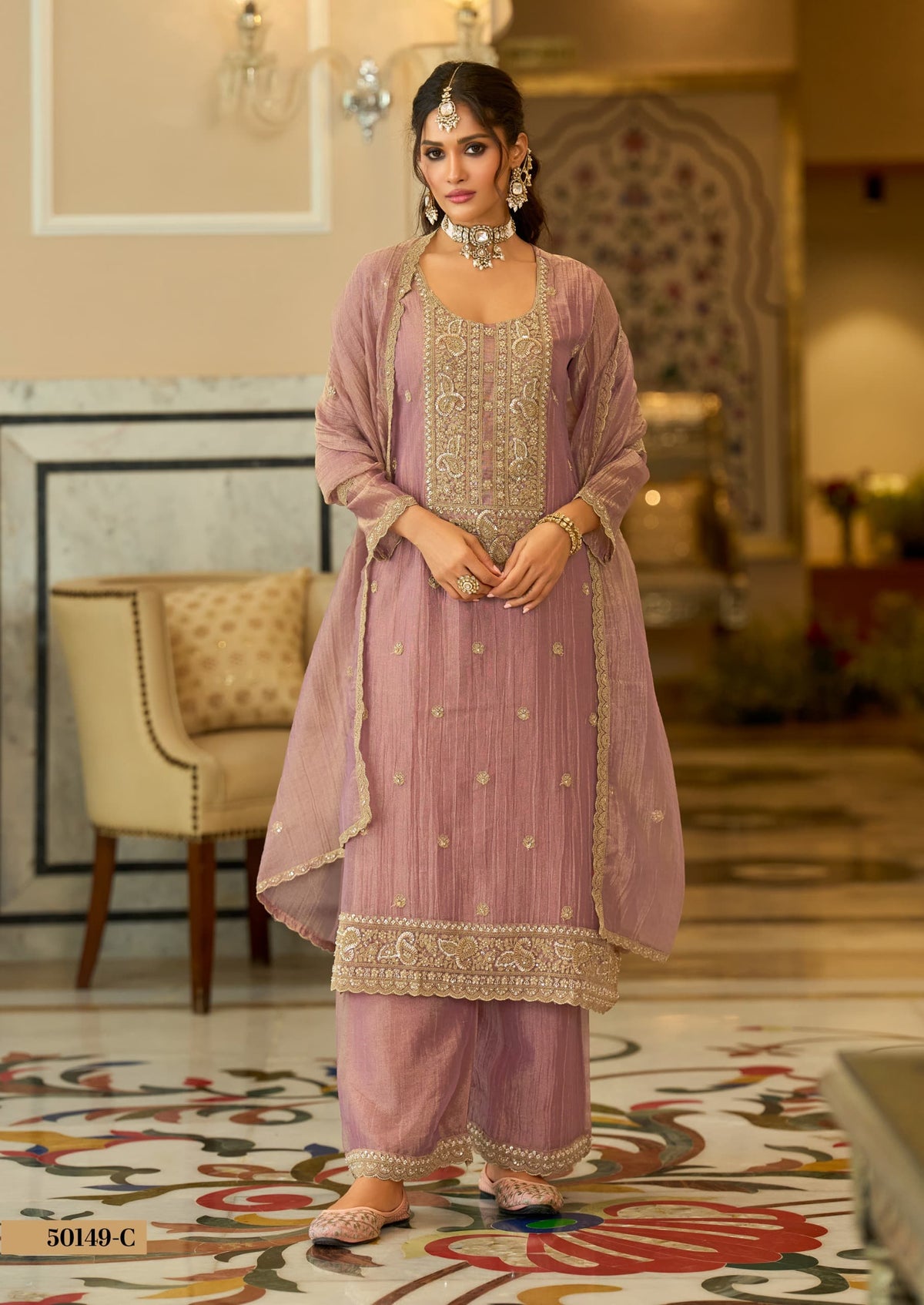 Mauve Embroidered Palazzo Set with Dupatta