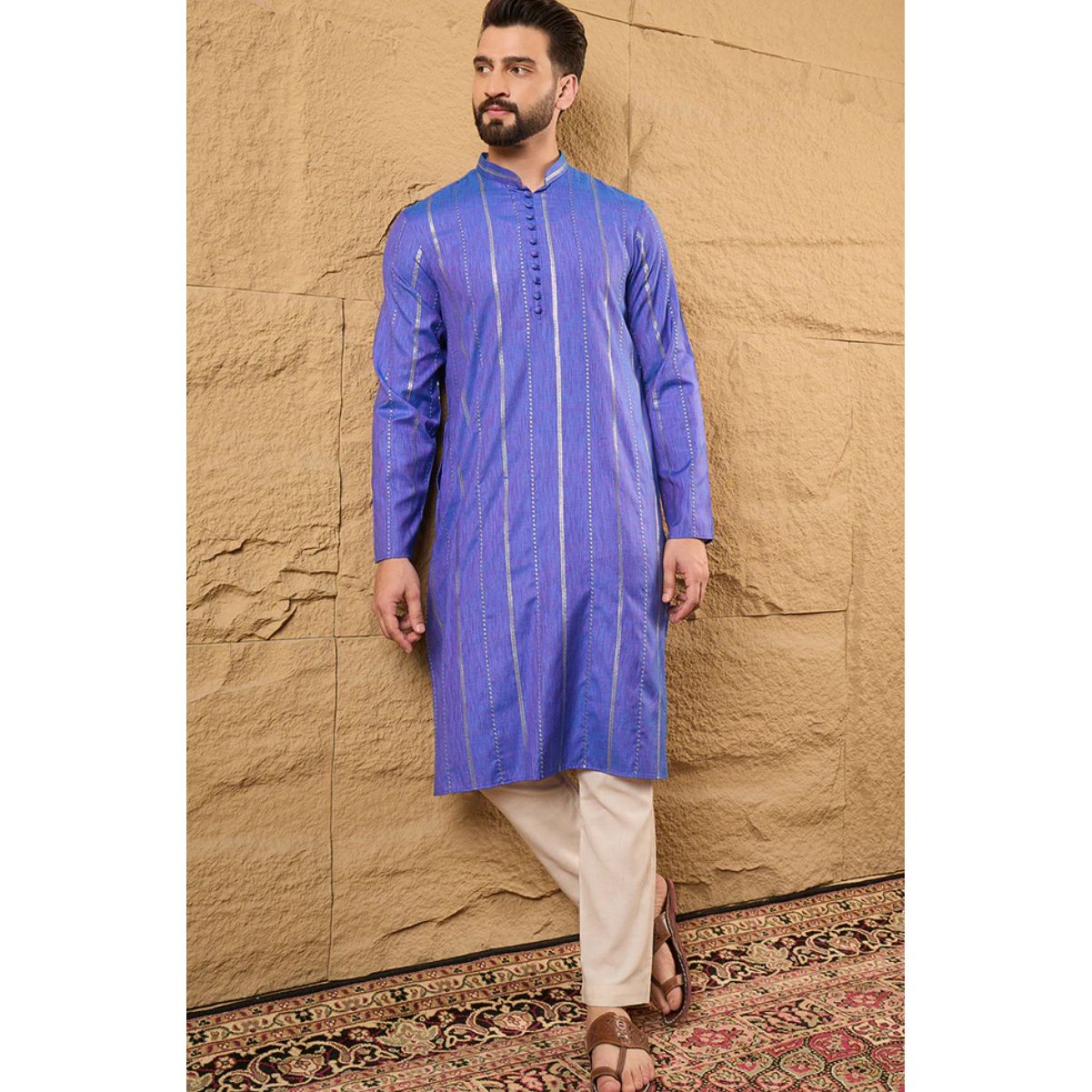 Blue Pure Cotton Embroidered Straight Kurta for Men