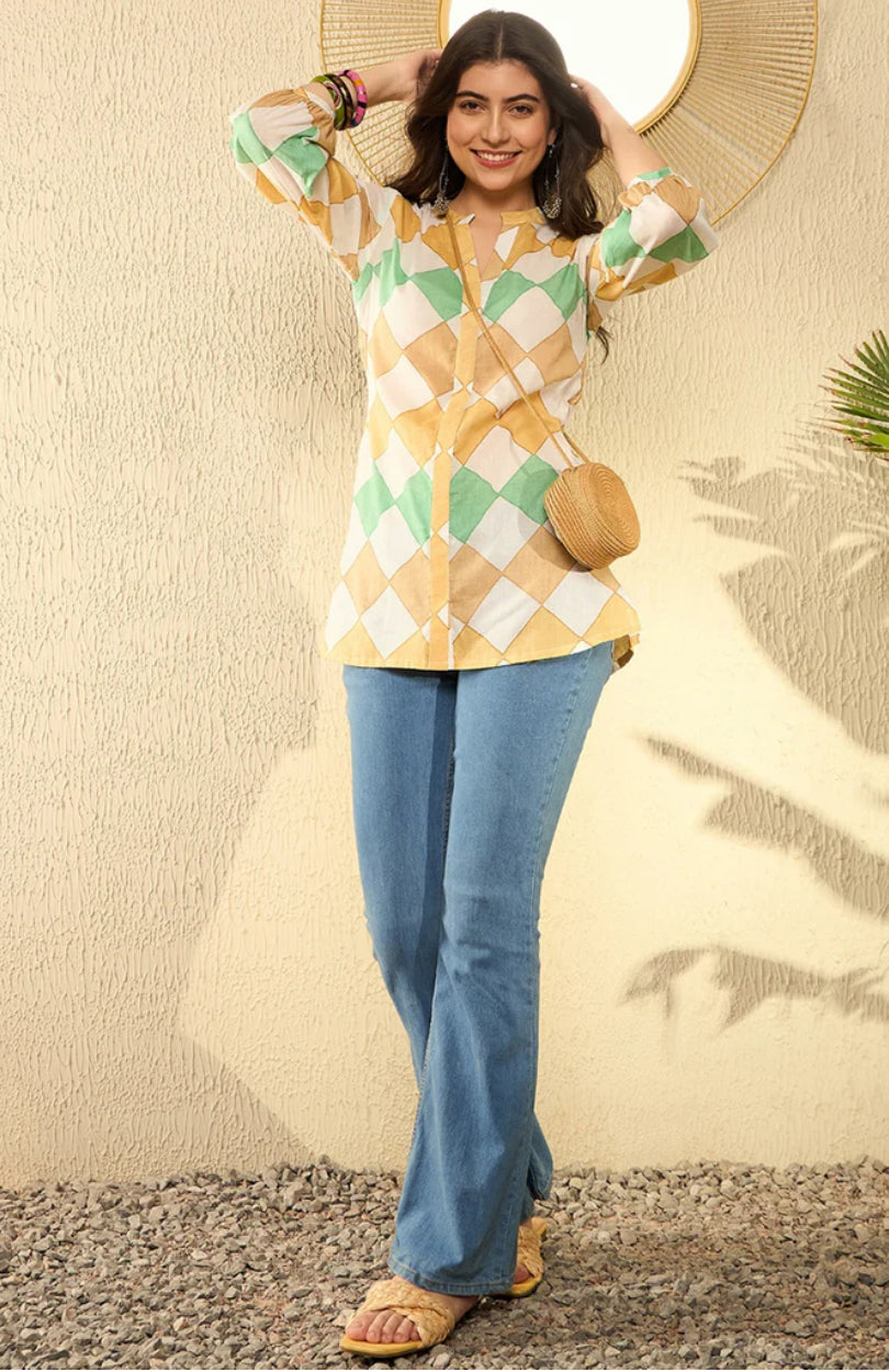 White Cotton Blend Geometric Printed Tunic Top