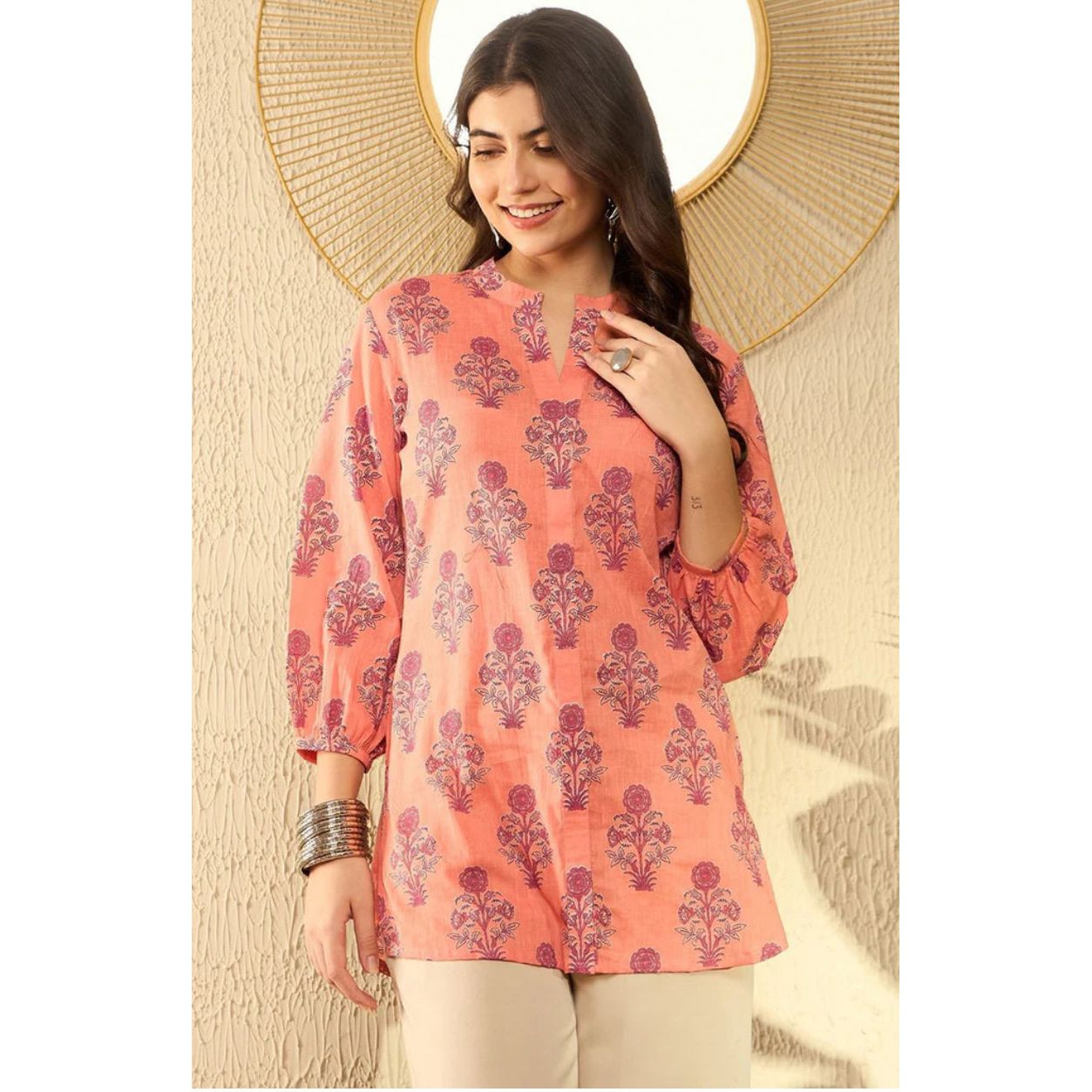 Orange Cotton Blend Floral Printed Regular Tunic