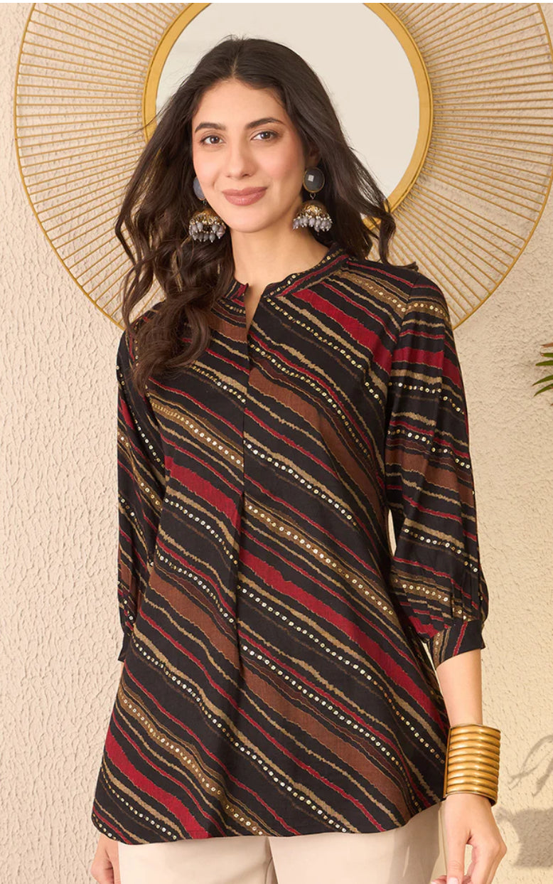 Black Cotton Blend Leheriya Printed Tunic Top