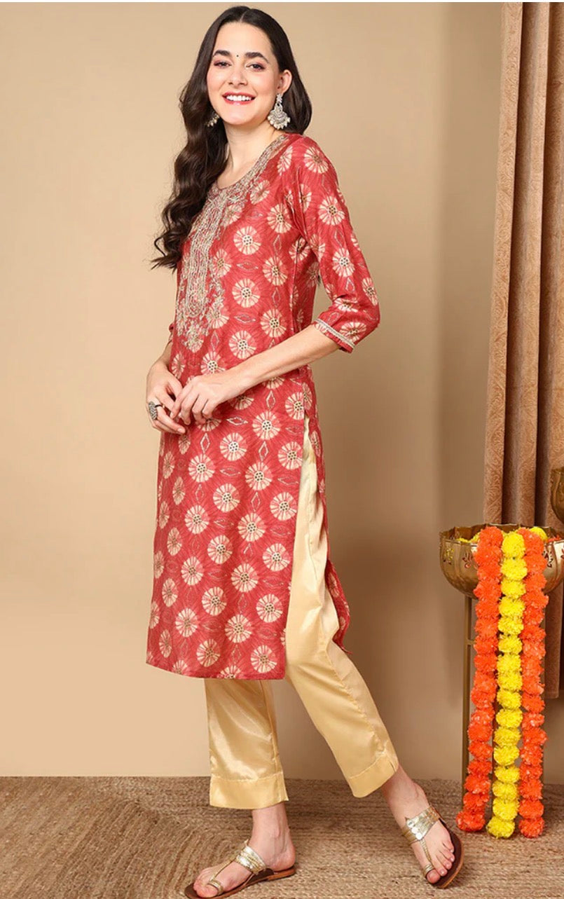 Rust Red Silk Blend Ethnic Motifs Printed Straight Kurta