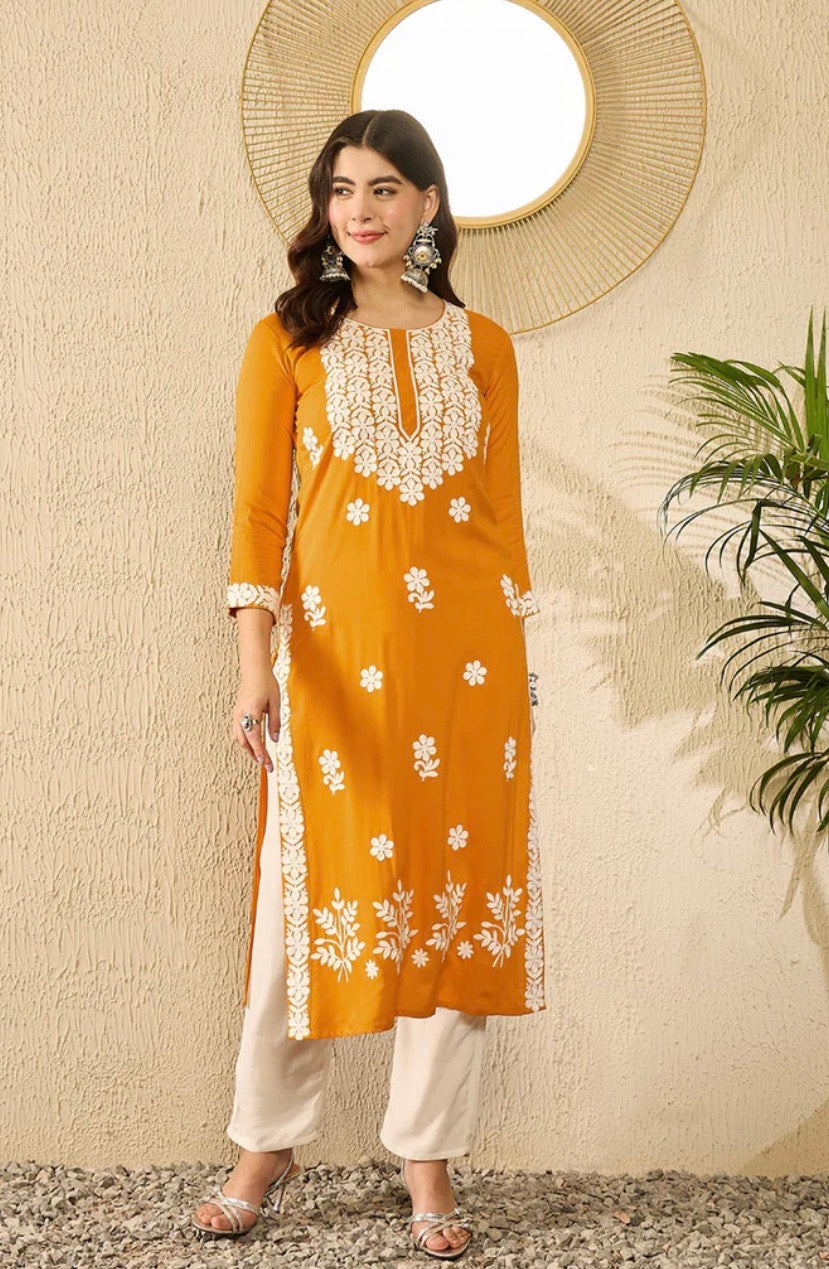 Mustard Yellow Embroidered Chikankari Straight Kurta