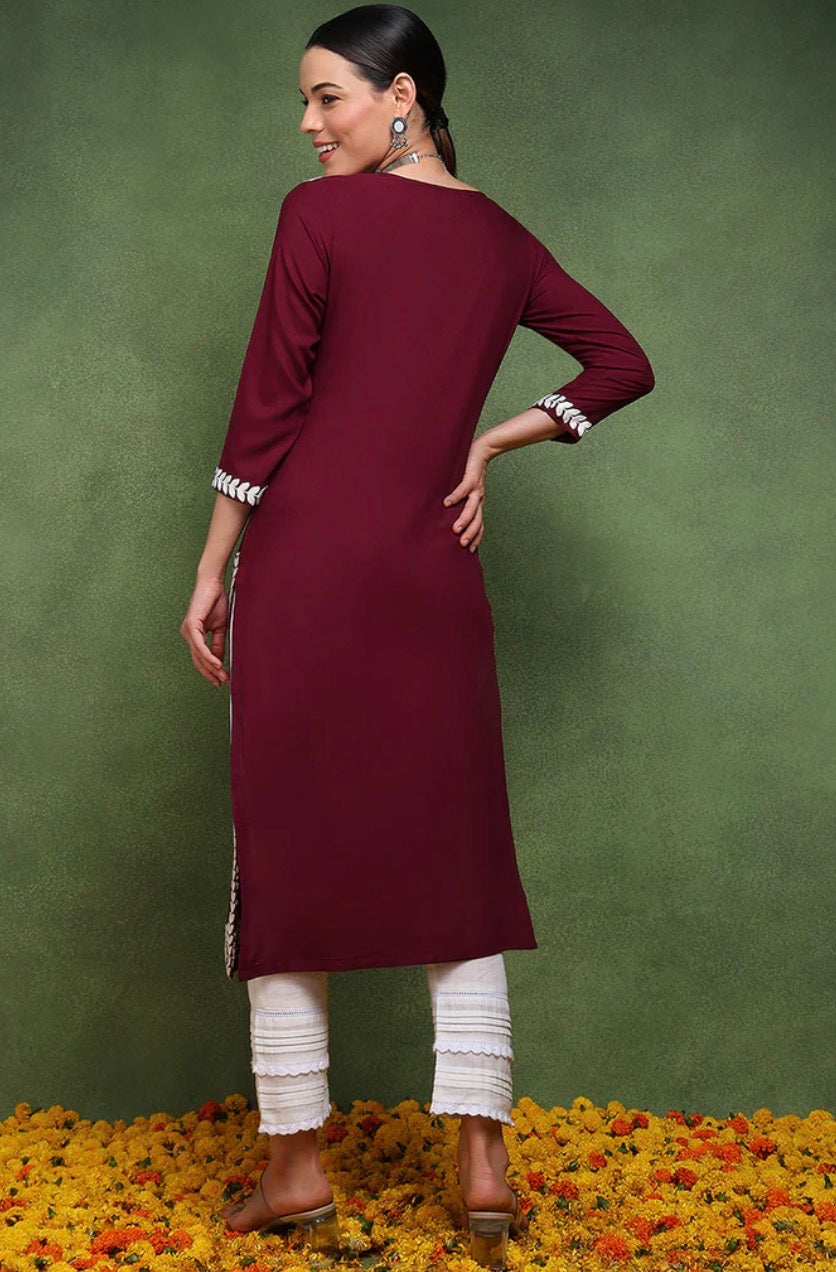 Chikankari Kurta : Burgundy