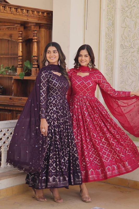 Embroidered Gown with Sequins Dupatta – Premium Festive Collection