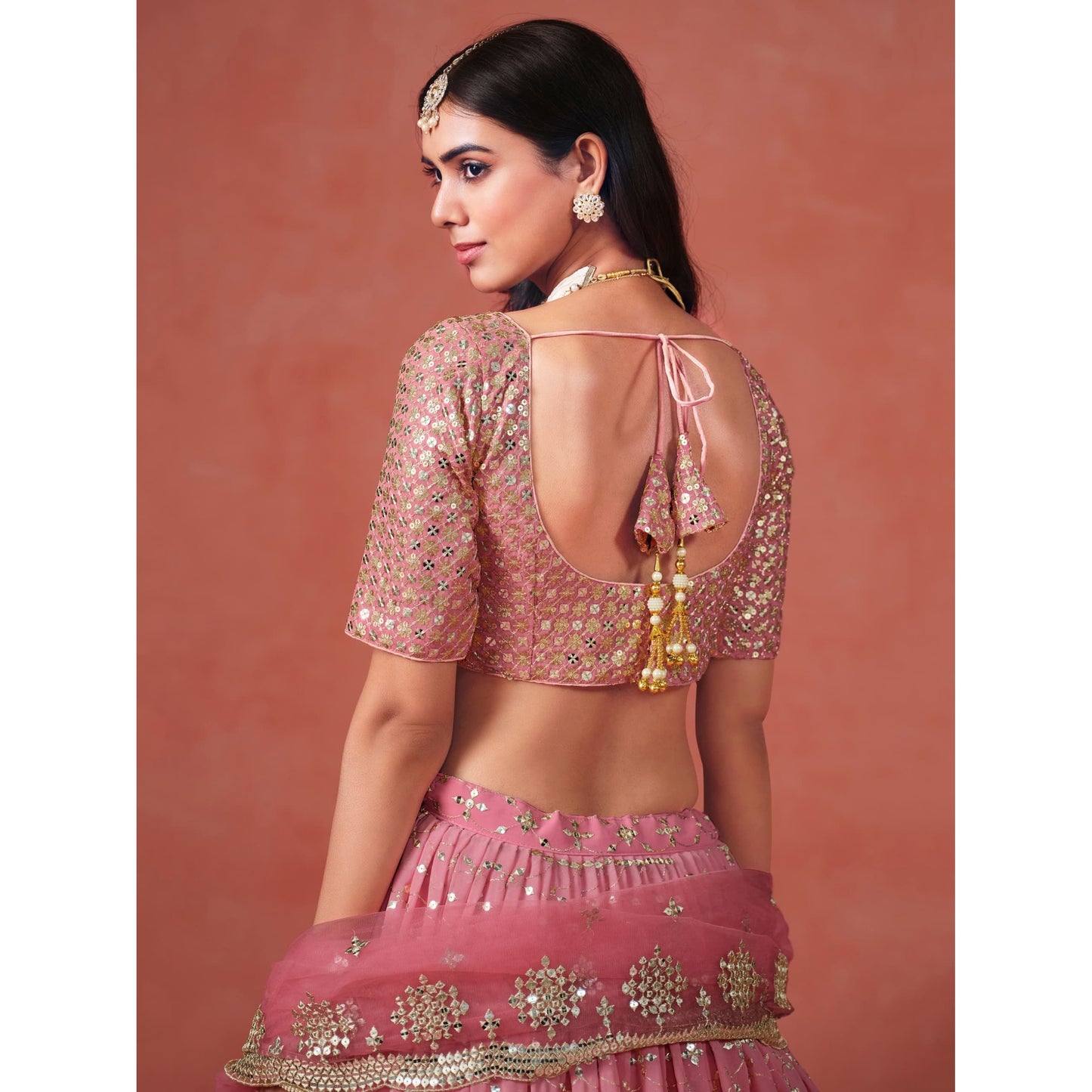 Georgette Lehenga Choli Set with Sequins & Zari Embroidery : Pink (pre order)