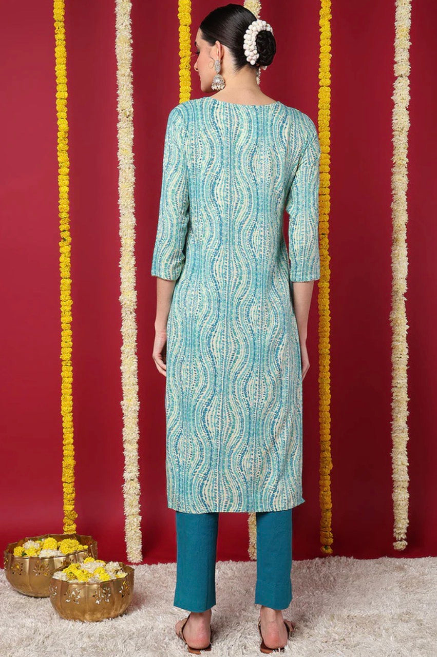 Blue Abstract Printed Straight Kurta | Viscose Rayon Casual Indian Kurti