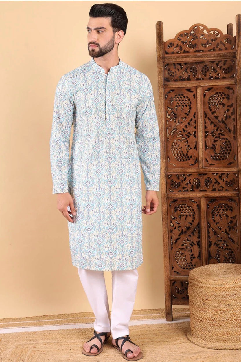 Teal Ethnic Motifs Embroidered Straight Kurta For Men