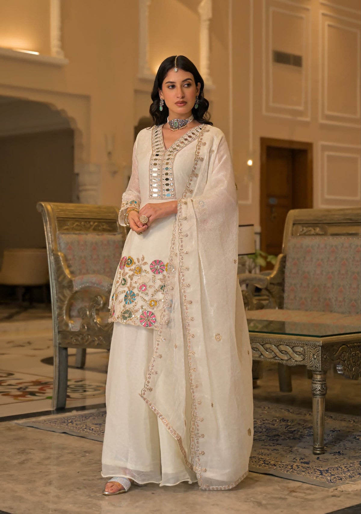 Ivory Crush Satin Mirror Work Palazzo Set