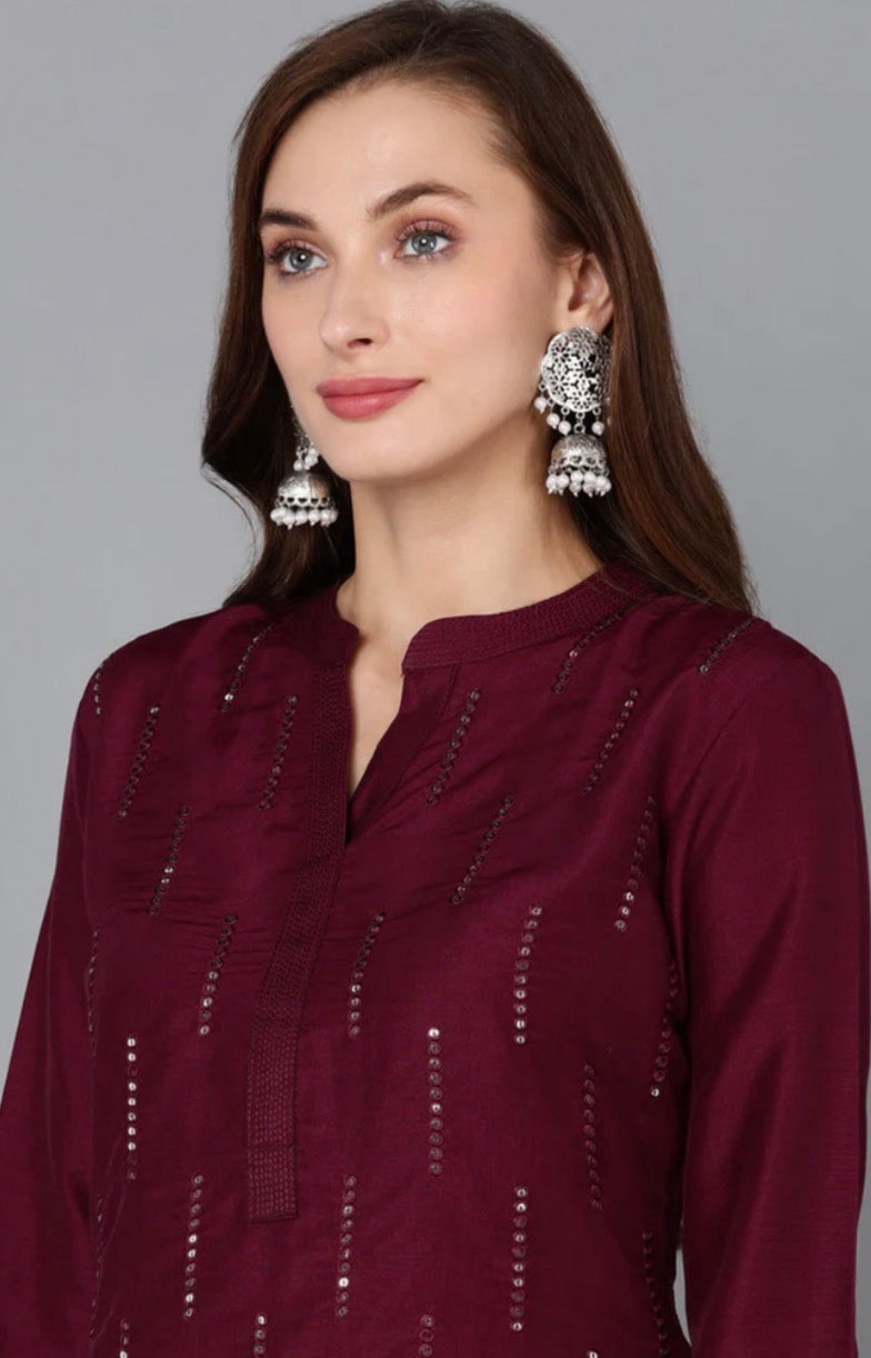 Burgundy Silk Blend Embroidered Kurta Pant With Dupatta