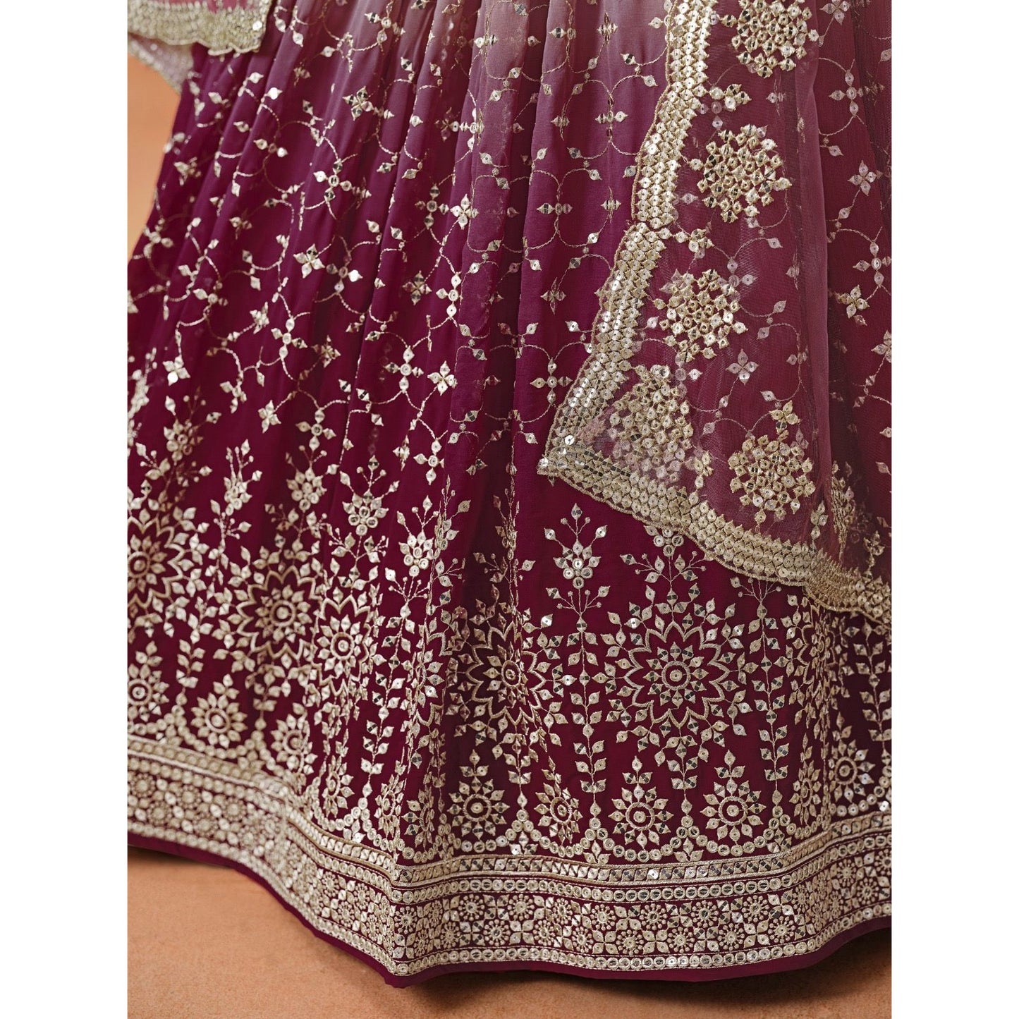 Georgette Lehenga Choli Set with Sequins & Zari Embroidery (Maroon) Pre Order